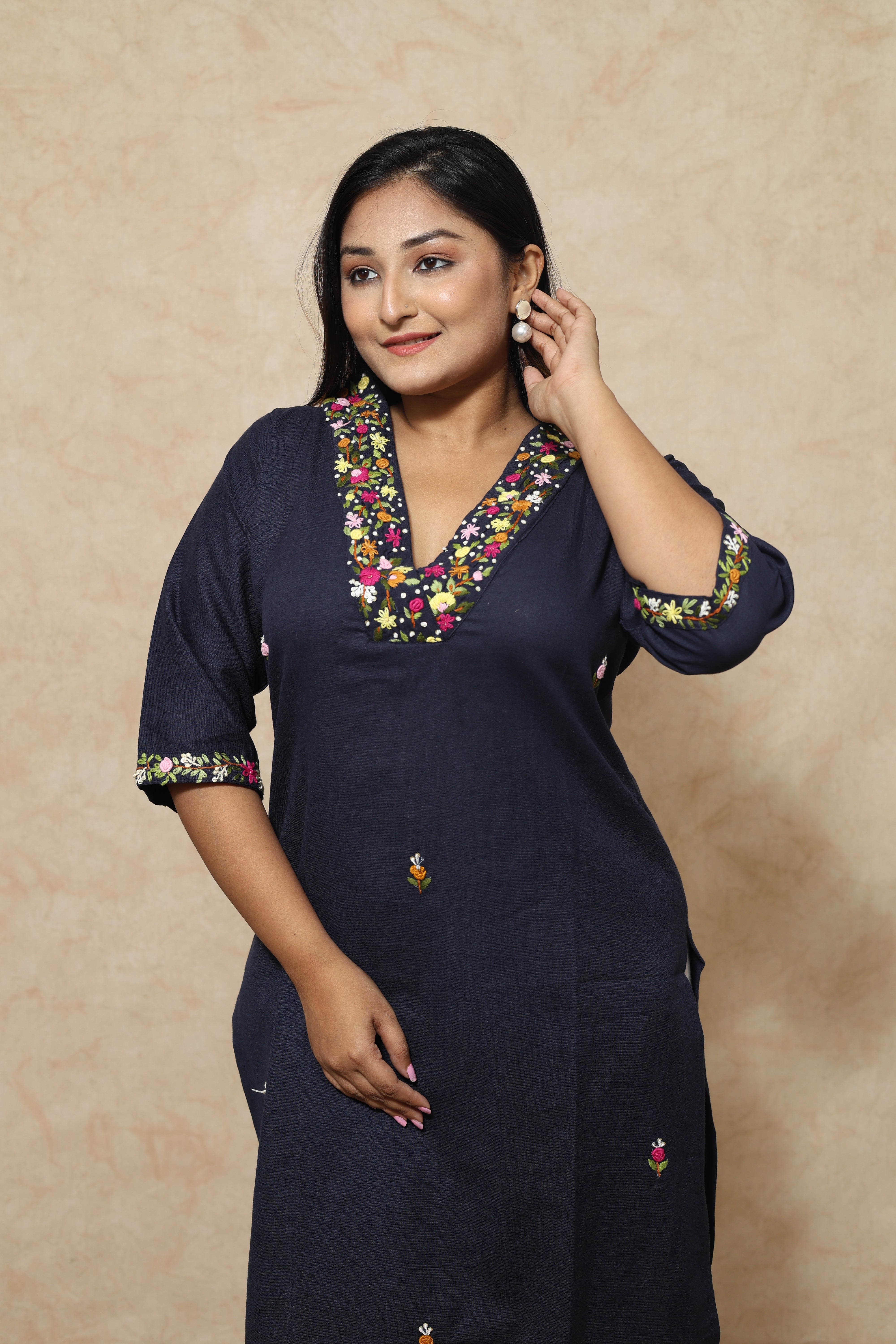 Mid Night Blue Cotton Hand Embroidery Kurta