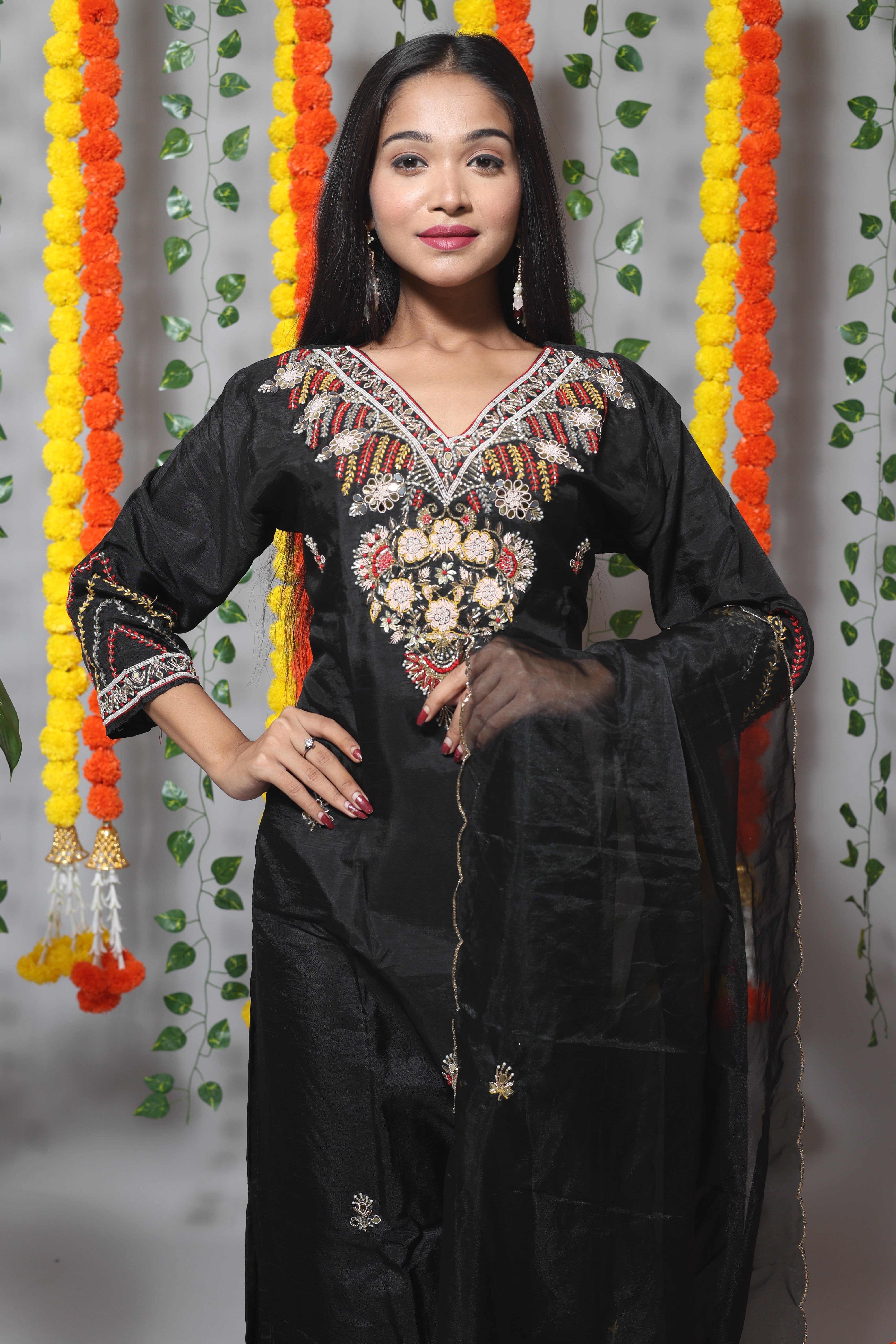 Black Jardosi Dola Silk Suit Set