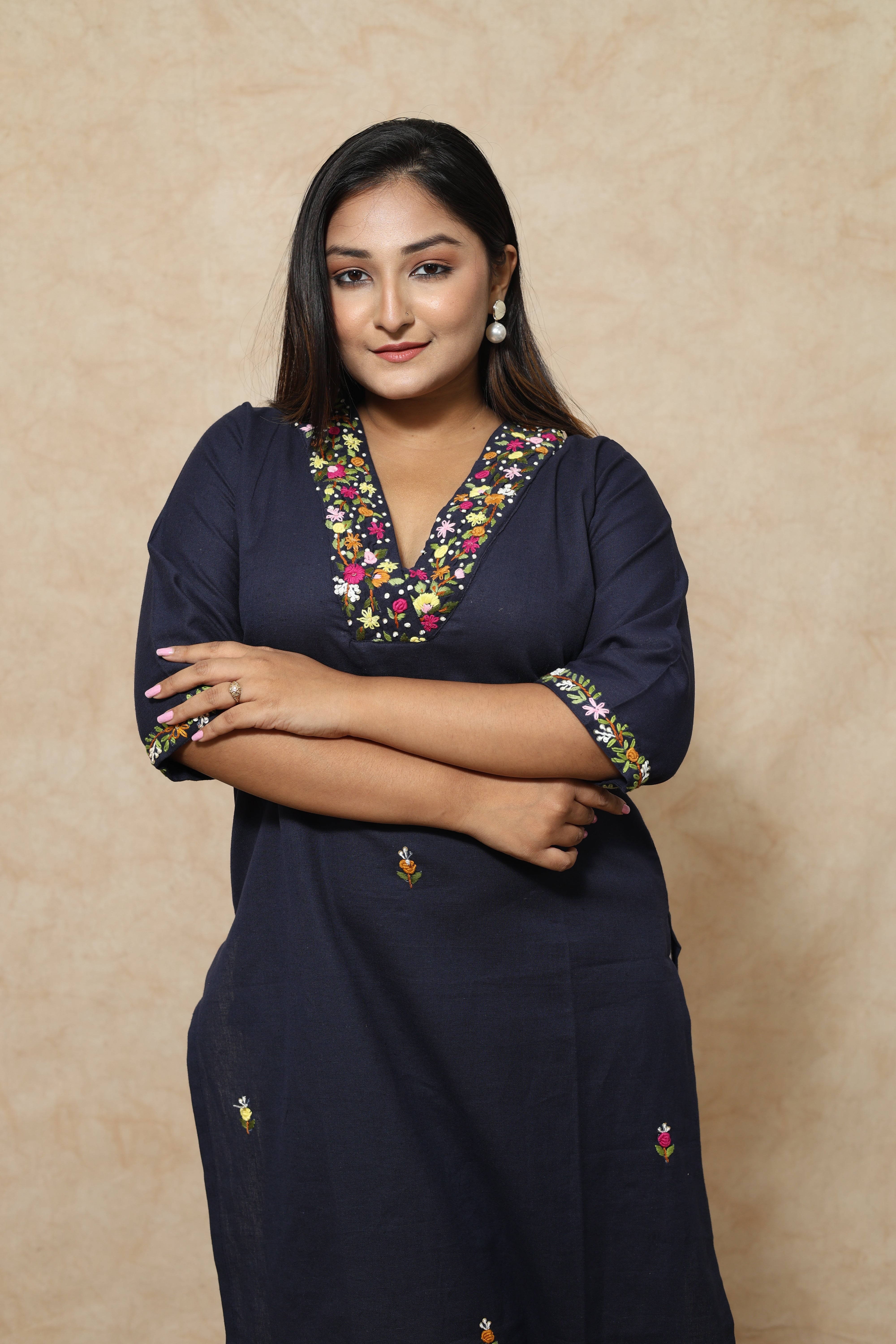 Mid Night Blue Cotton Hand Embroidery Kurta