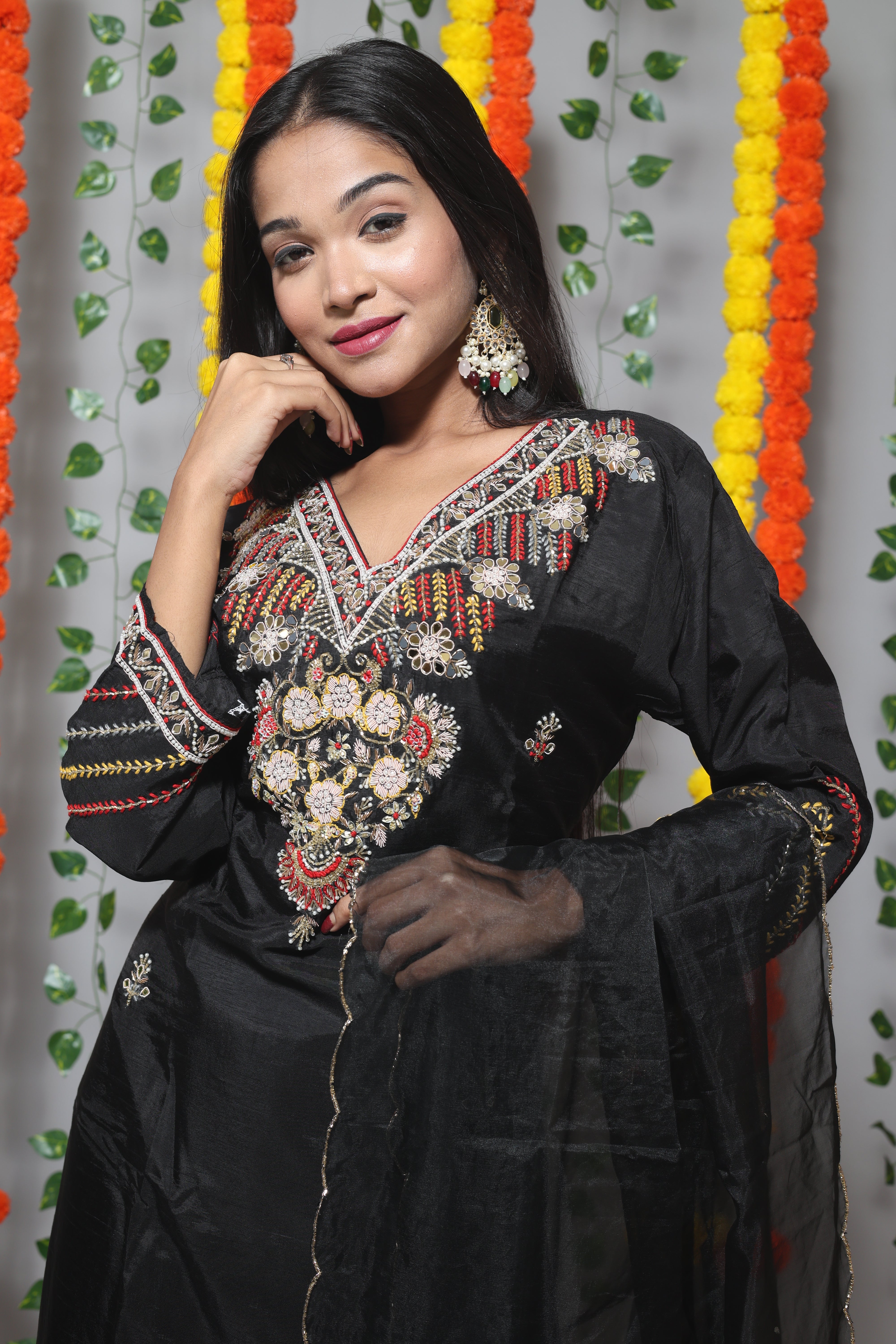 Black Jardosi Dola Silk Suit Set