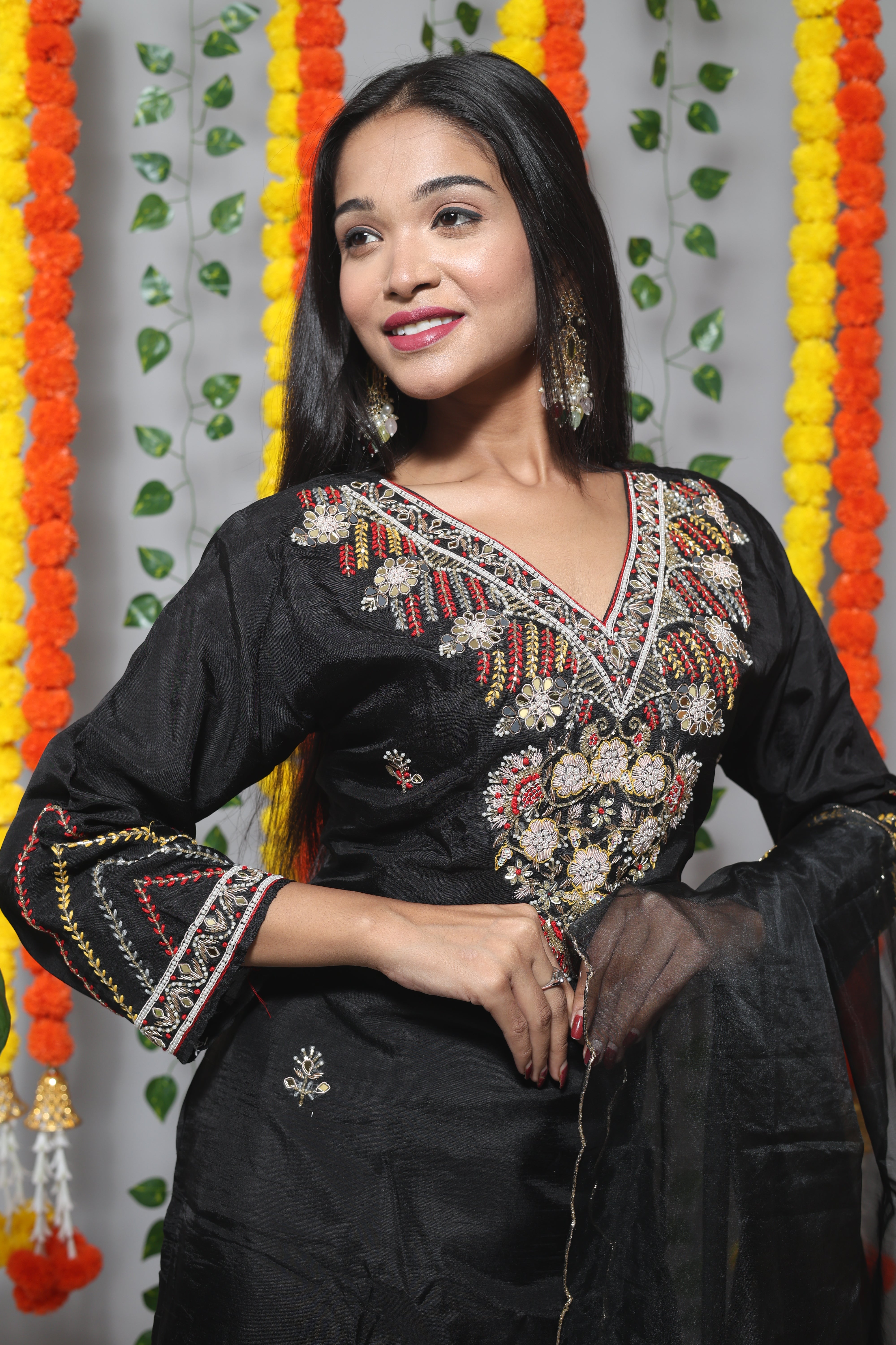 Black Jardosi Dola Silk Suit Set