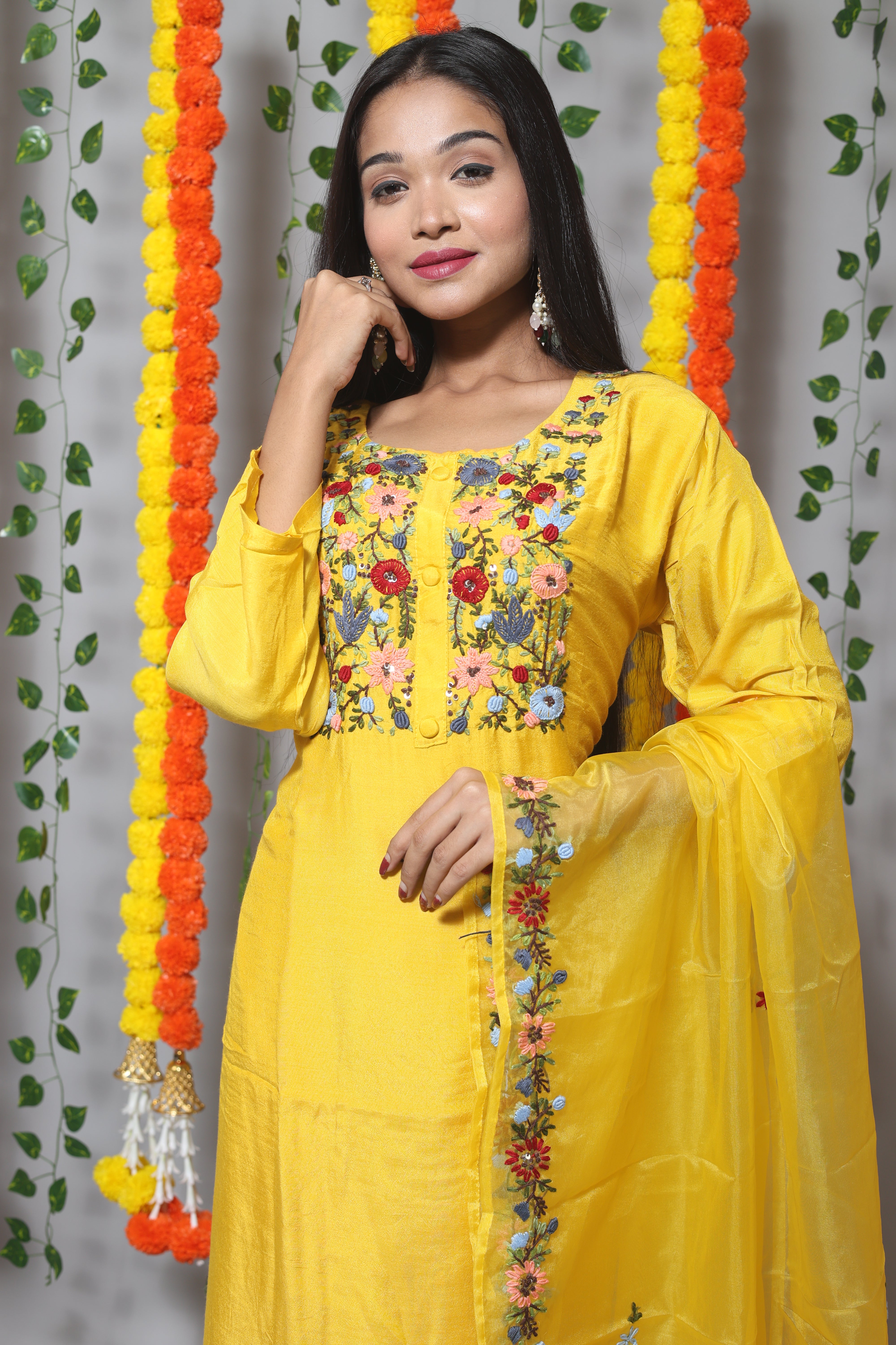 Yellow Muslin Handwork Suit Set