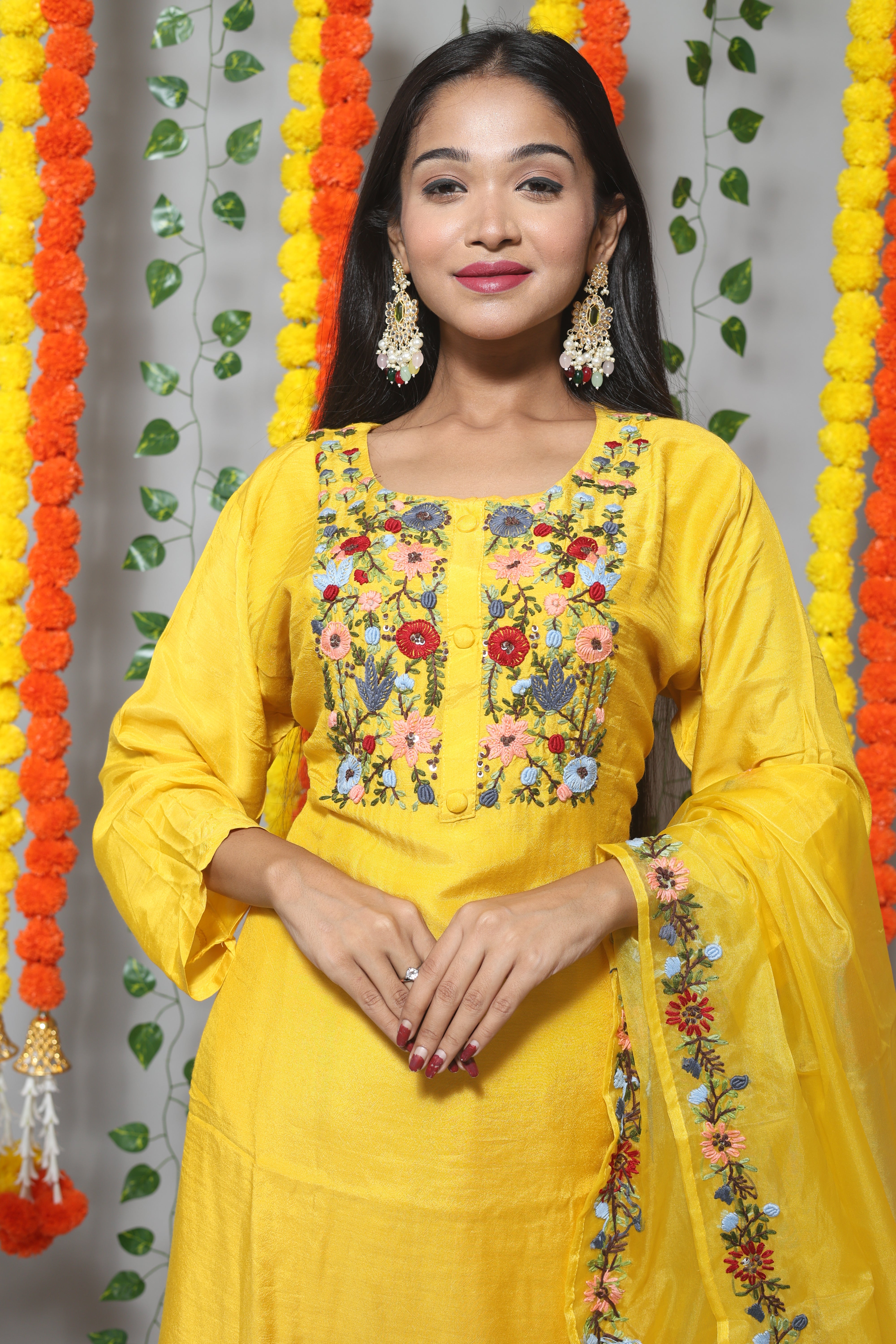 Yellow Muslin Handwork Suit Set