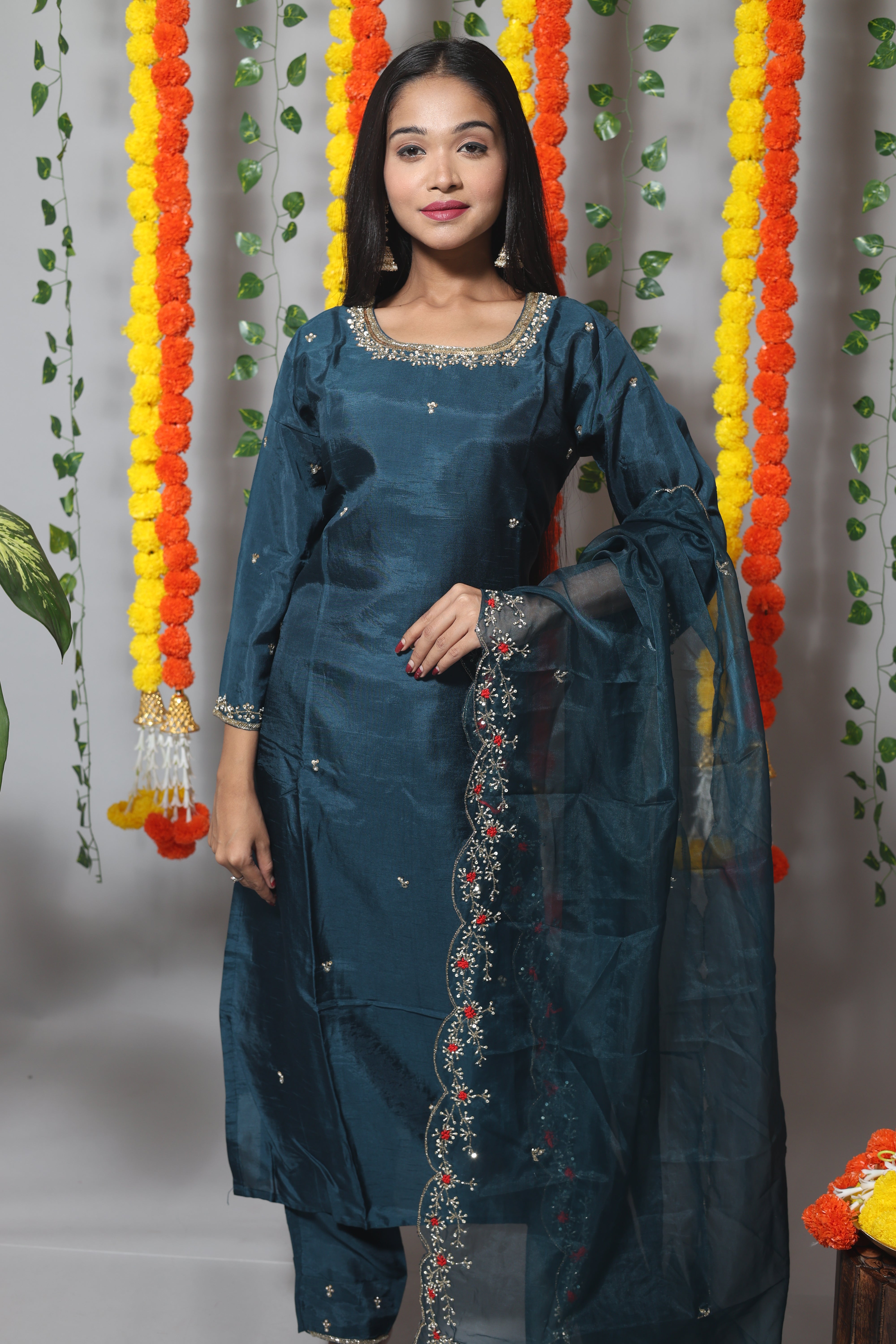 Royal blue dola silk suit set featuring exquisite handwork