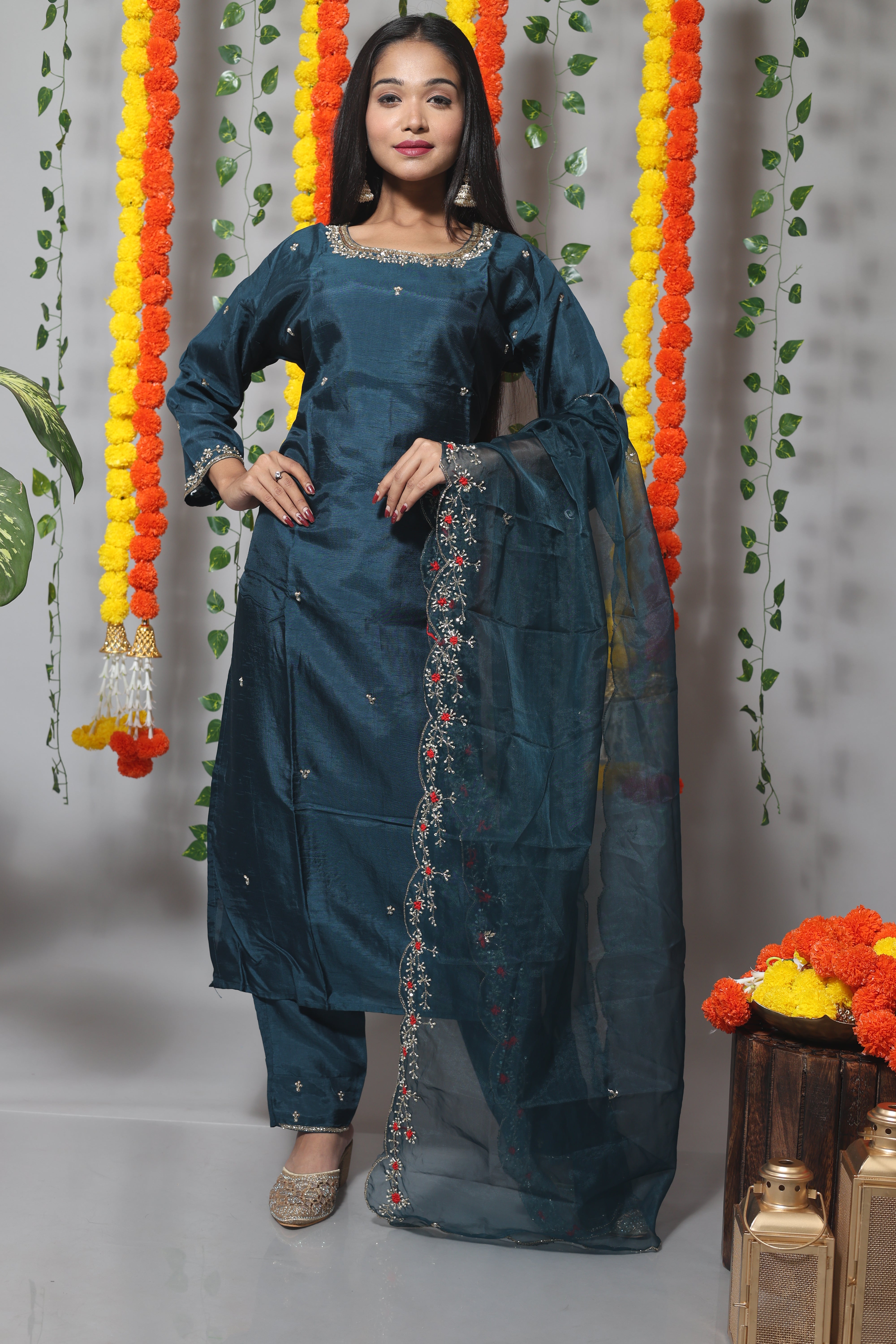 Royal Blue Handwork Dola Silk Suit Set