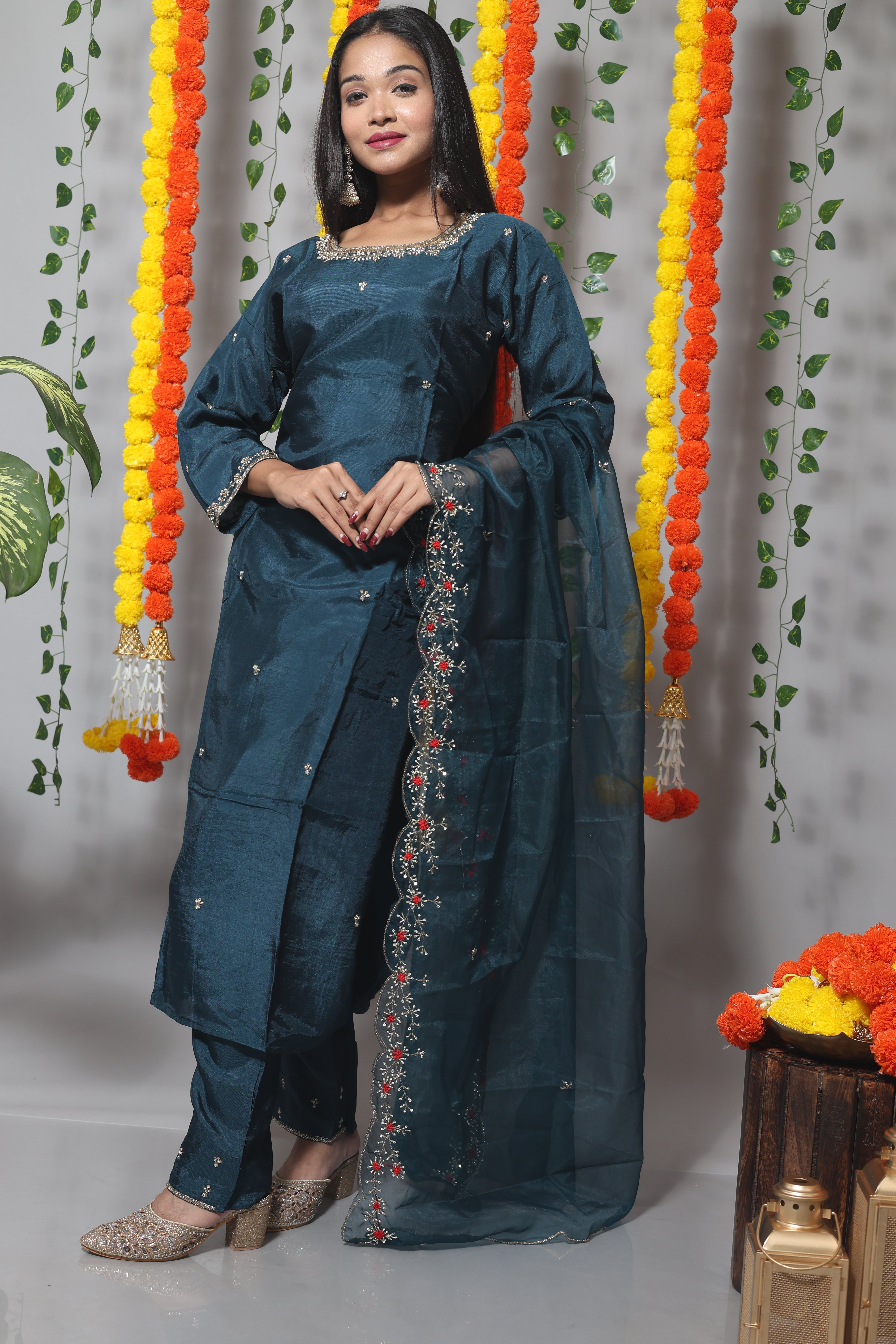 Royal Blue Handwork Dola Silk Suit Set
