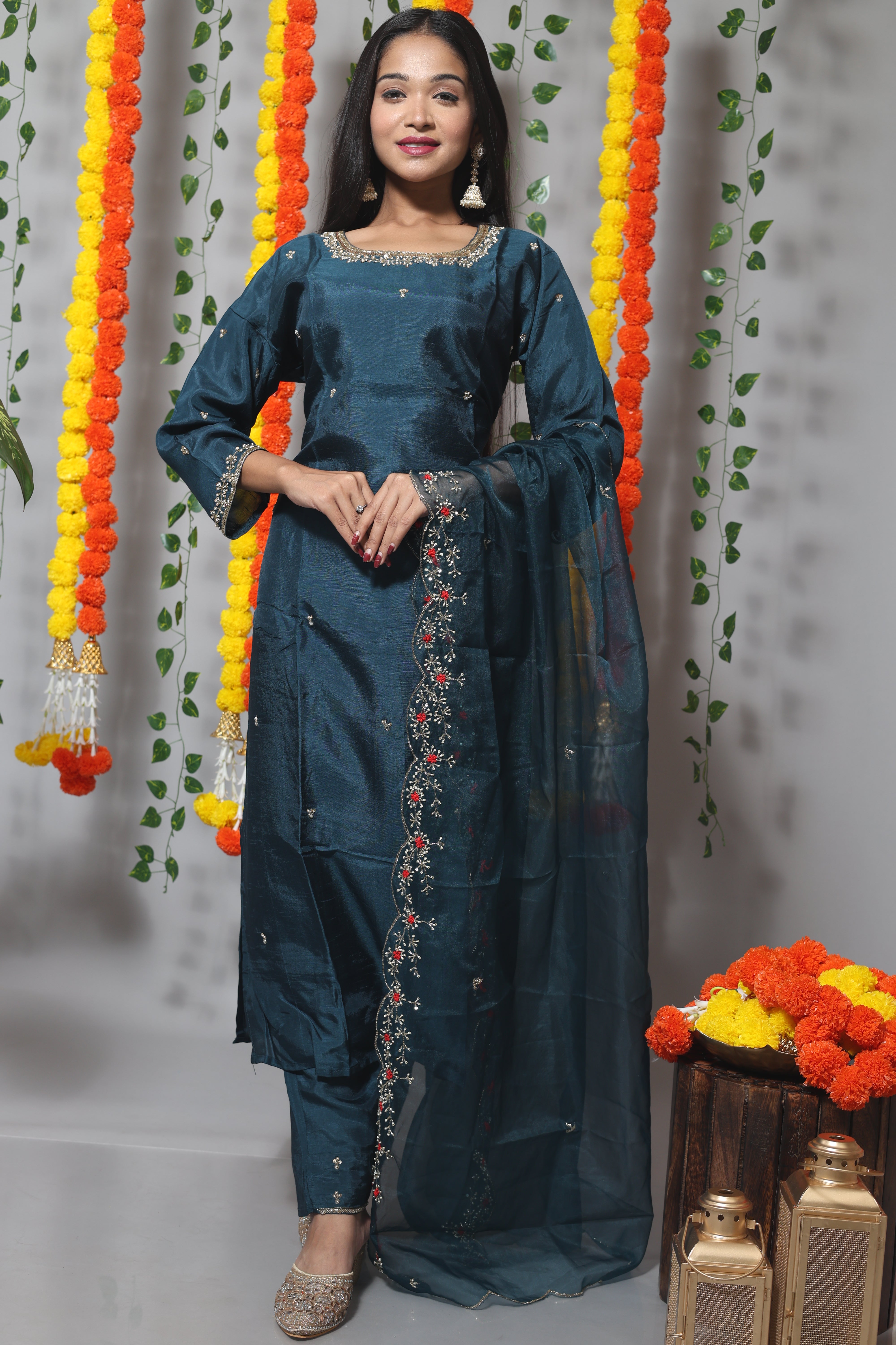 Royal Blue Handwork Dola Silk Suit Set