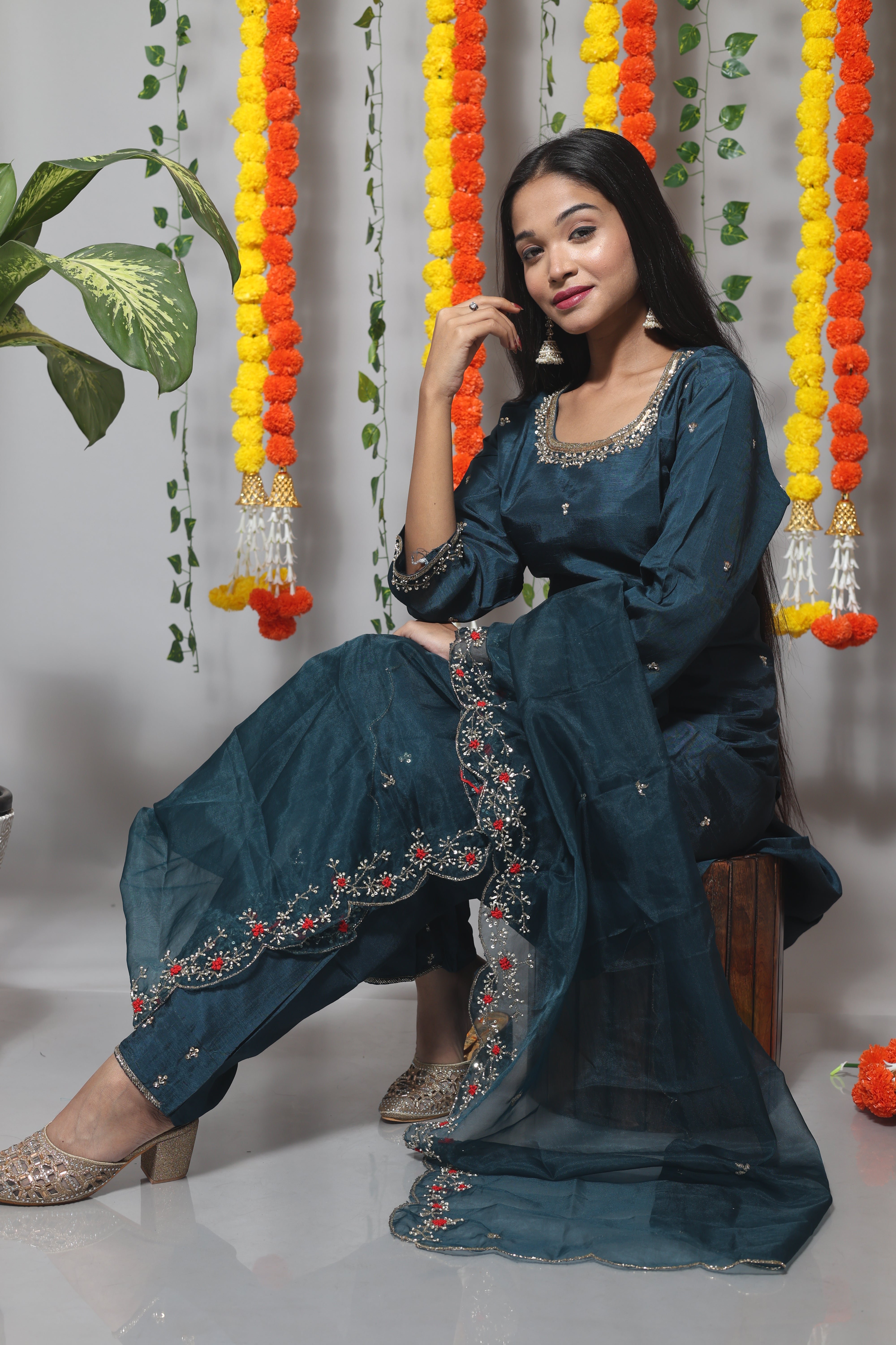 Royal Blue Handwork Dola Silk Suit Set