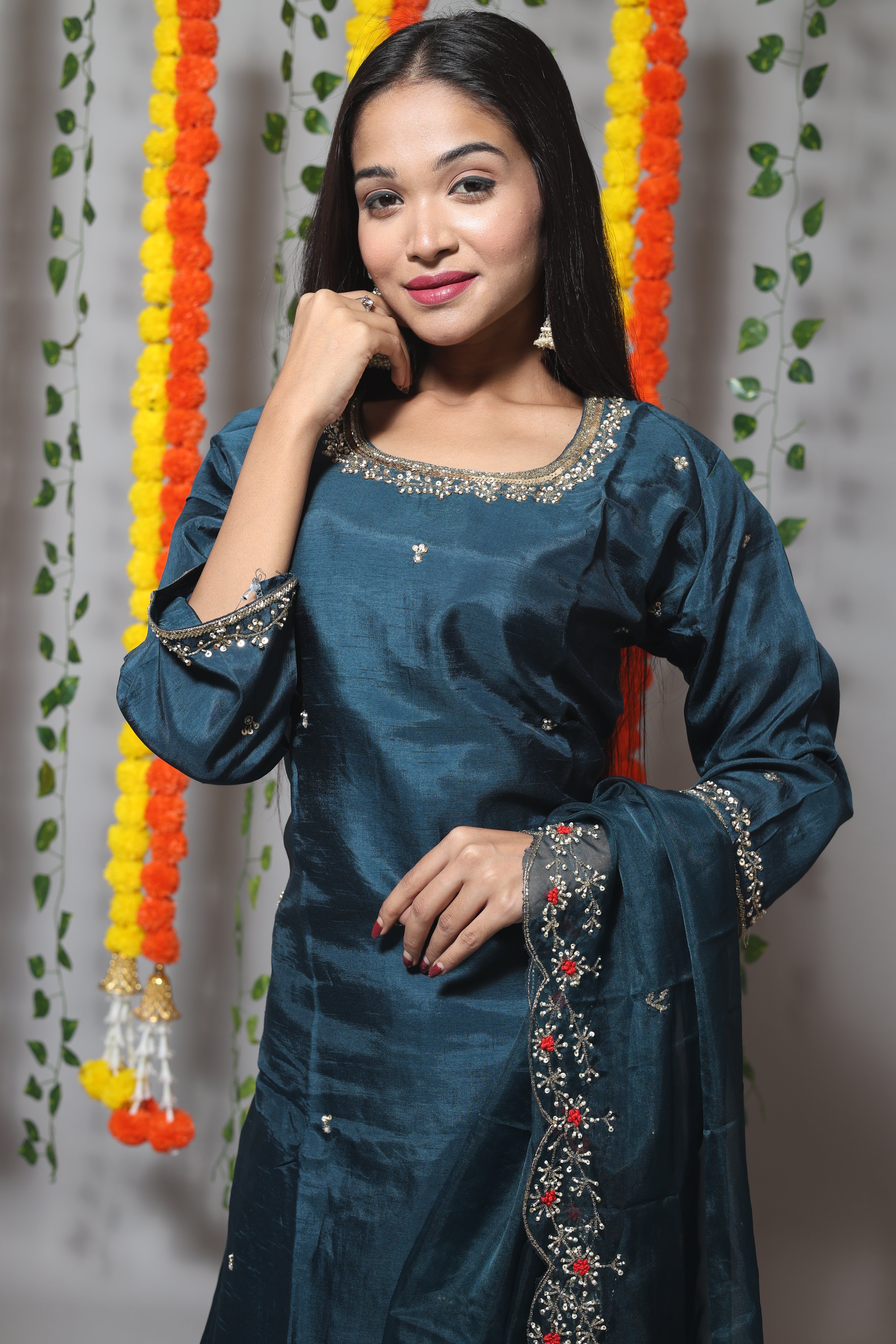 Royal Blue Handwork Dola Silk Suit Set