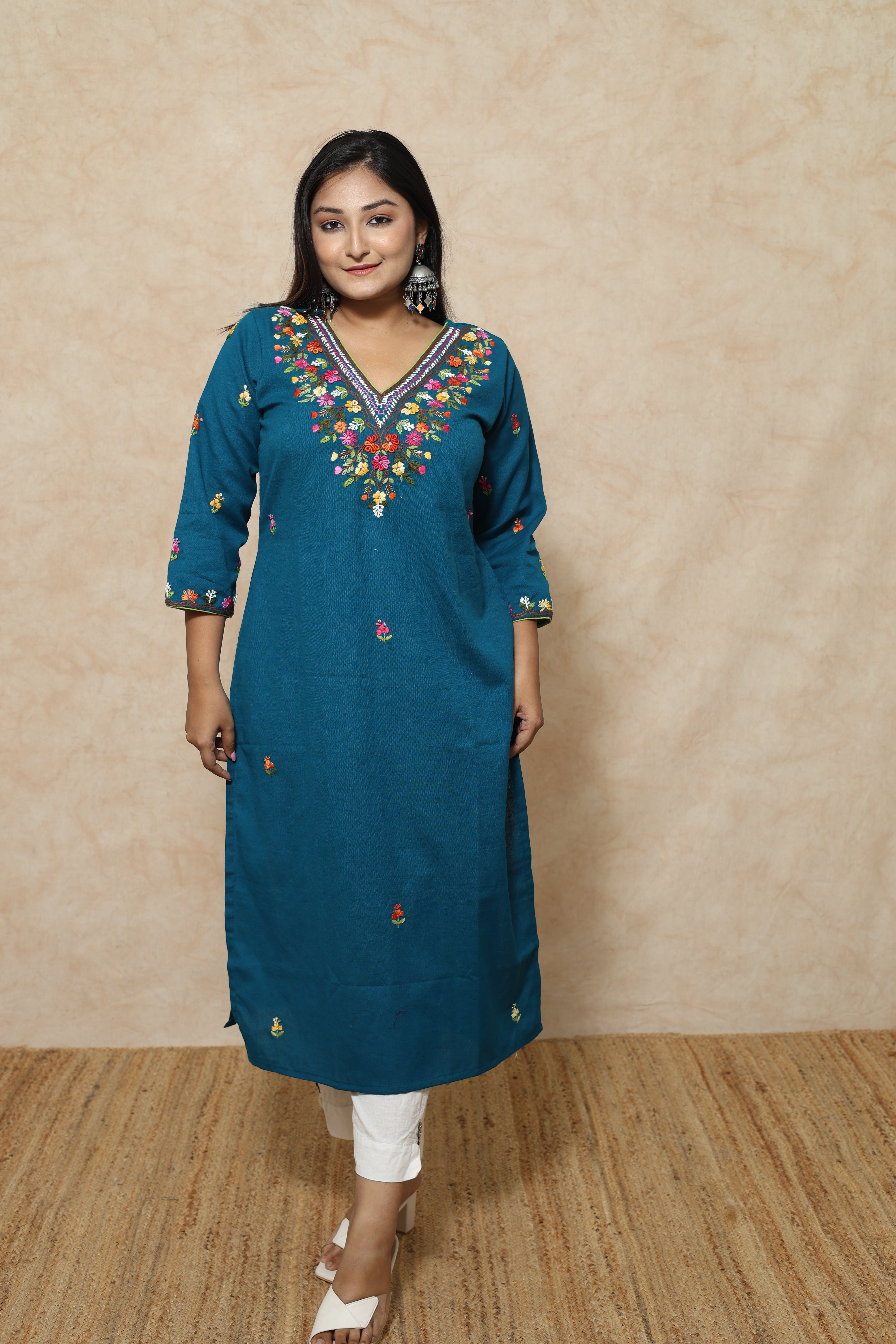 Turquoise Blue Color Hand Embroidery Cotton Kurta