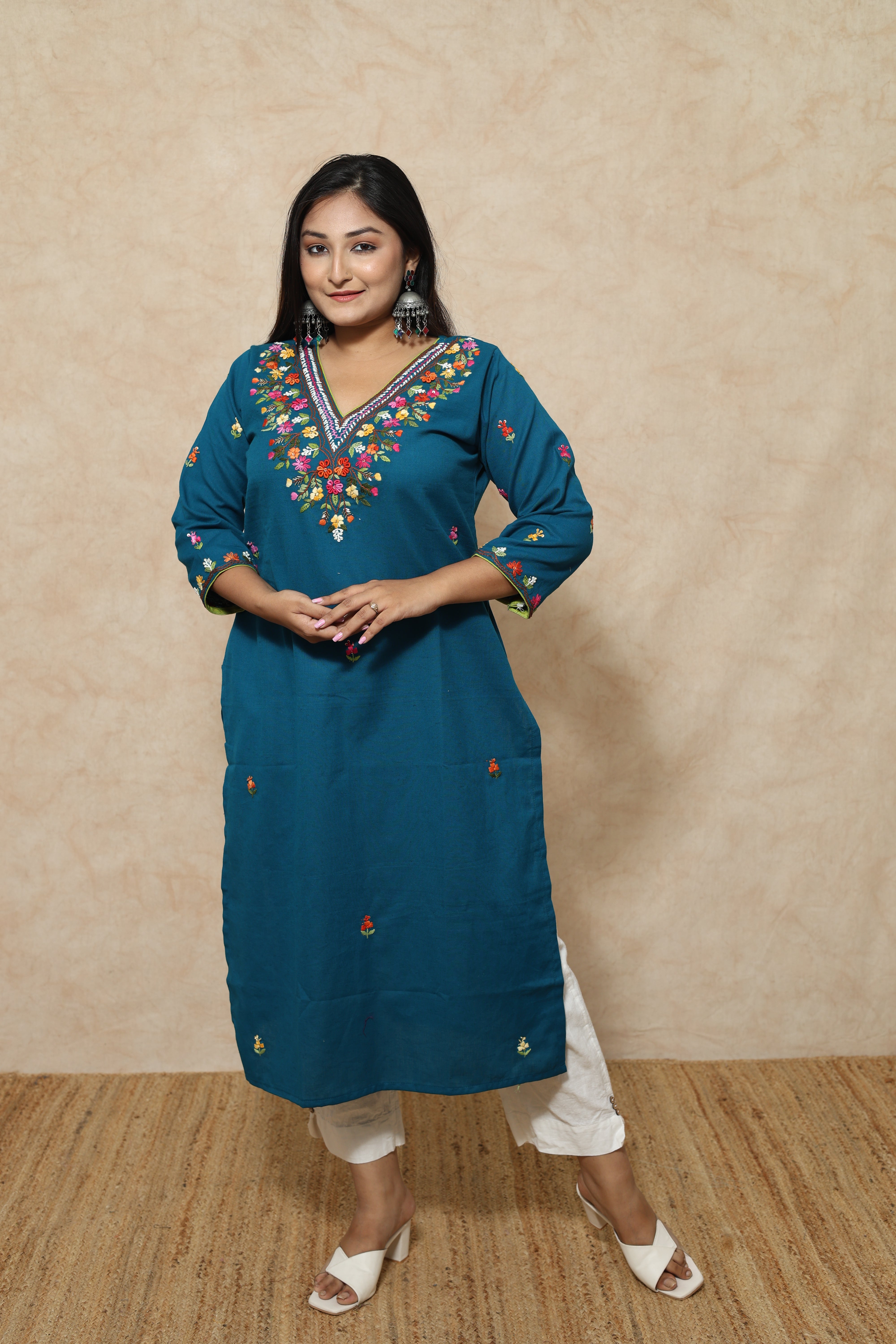 Turquoise Blue Color Hand Embroidery Cotton Kurta