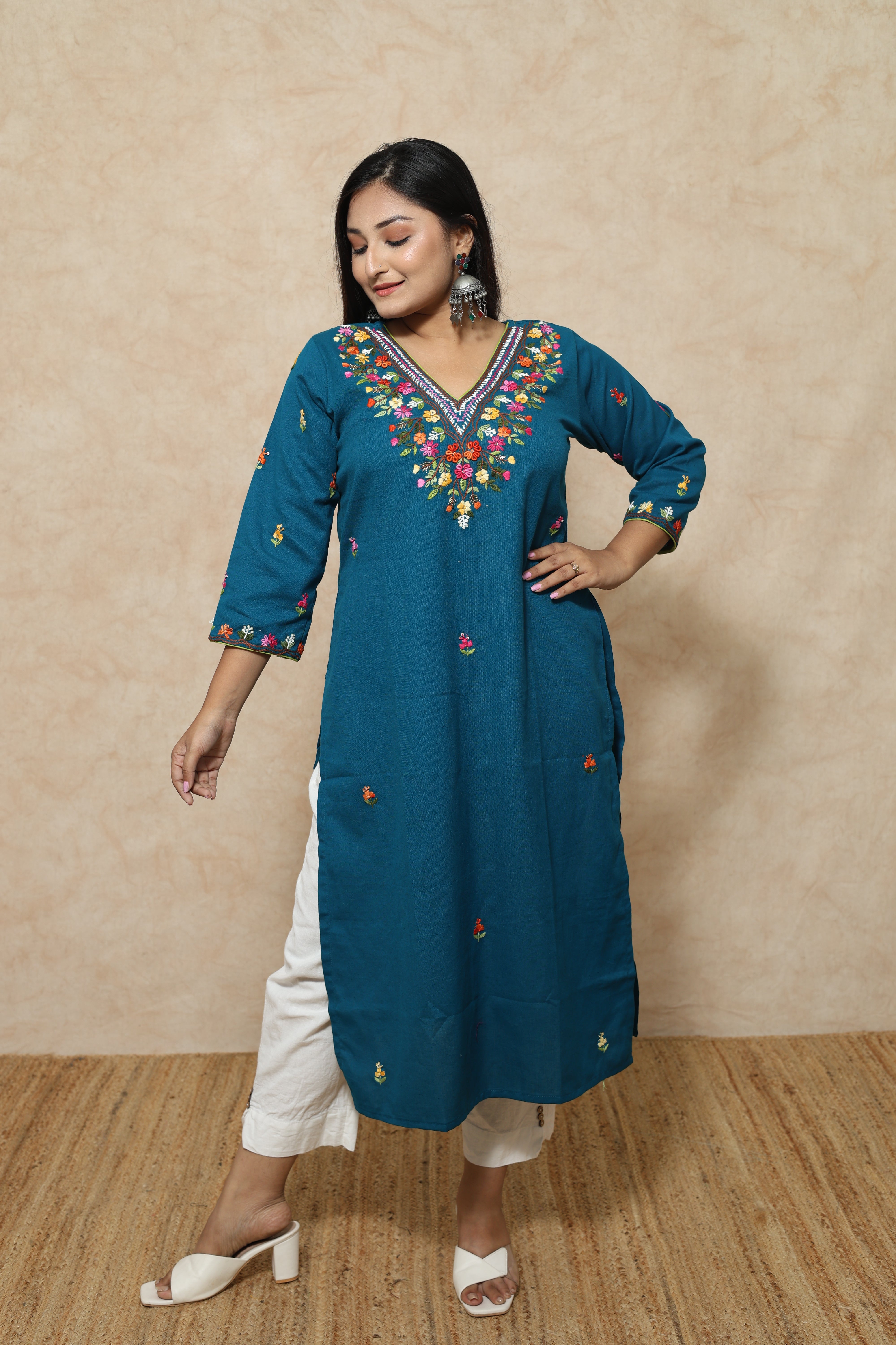 Turquoise Blue Color Hand Embroidery Cotton Kurta