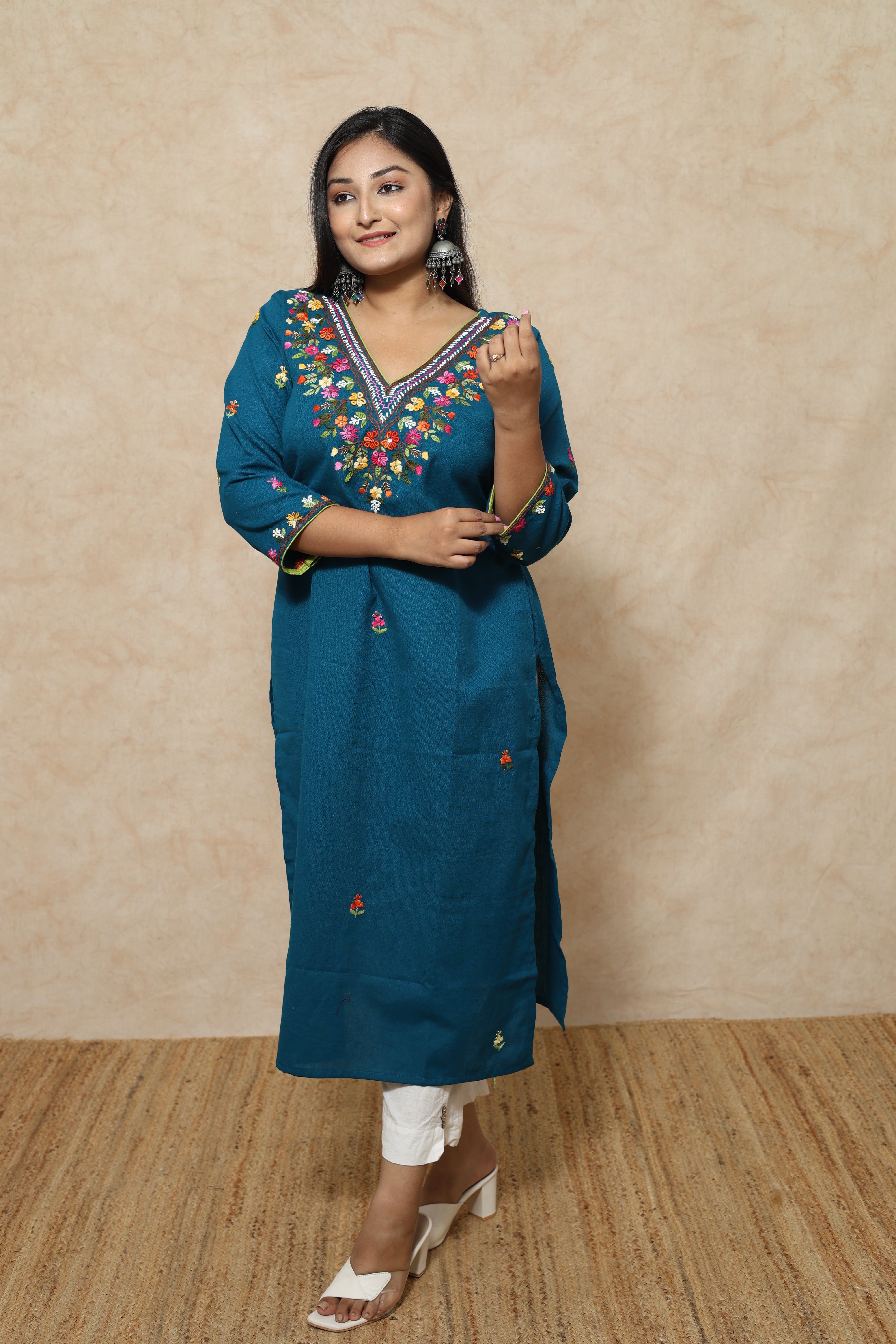 Turquoise Blue Color Hand Embroidery Cotton Kurta
