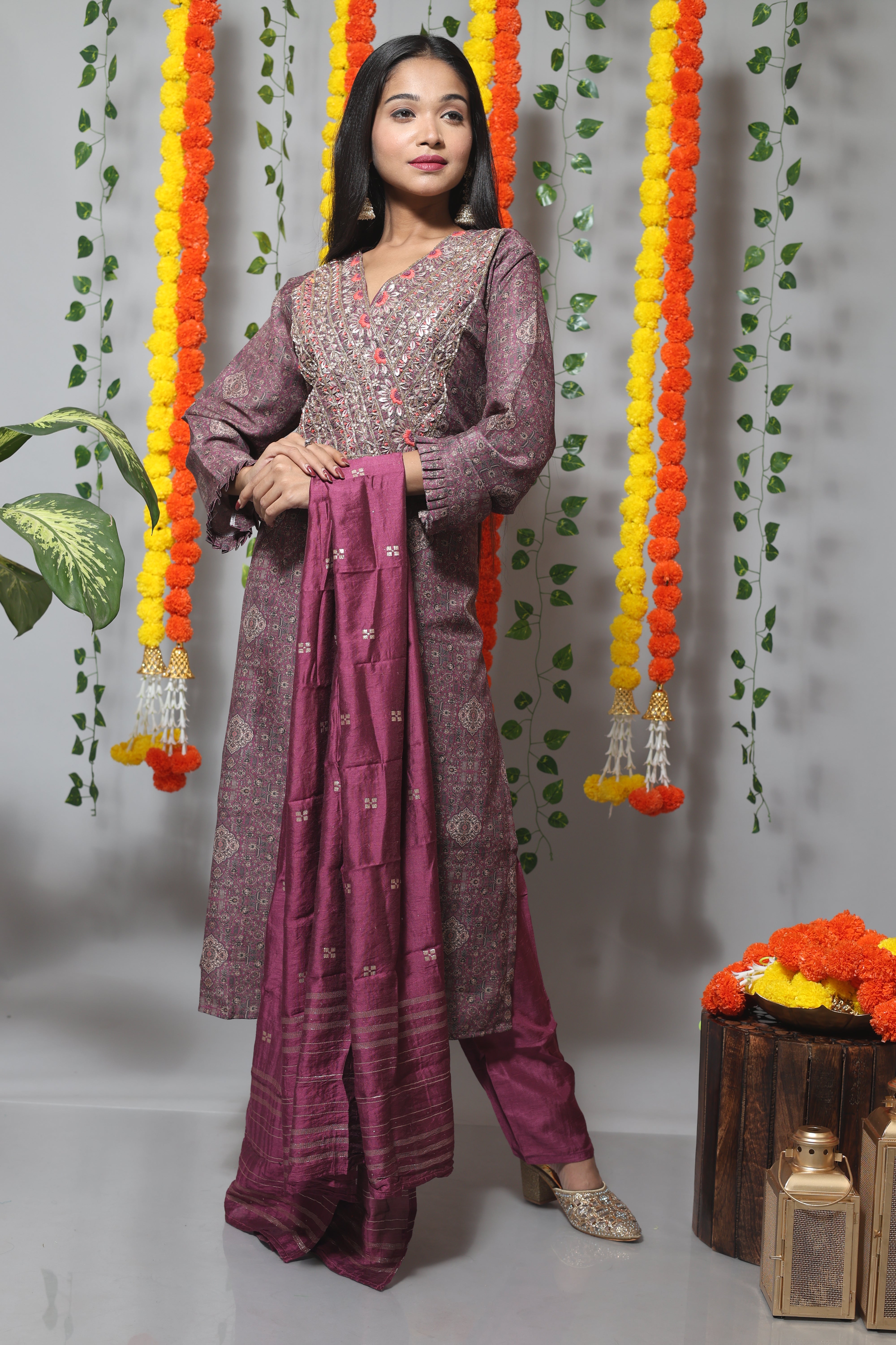 Magenta dola silk suit set with a stunning Benarasi dupatta