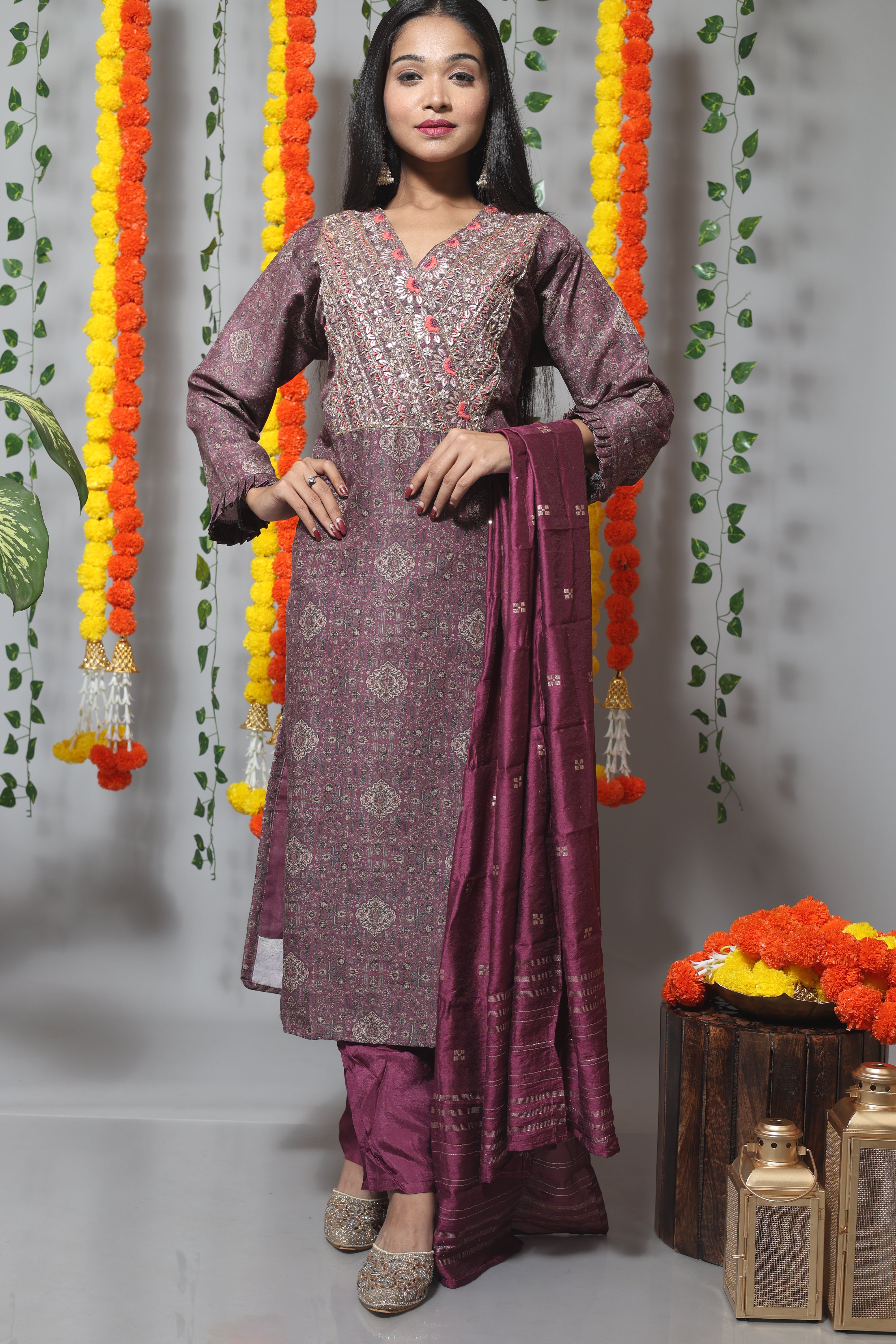 Magenta Dola Silk Suit Set With Benarasi Dupatta