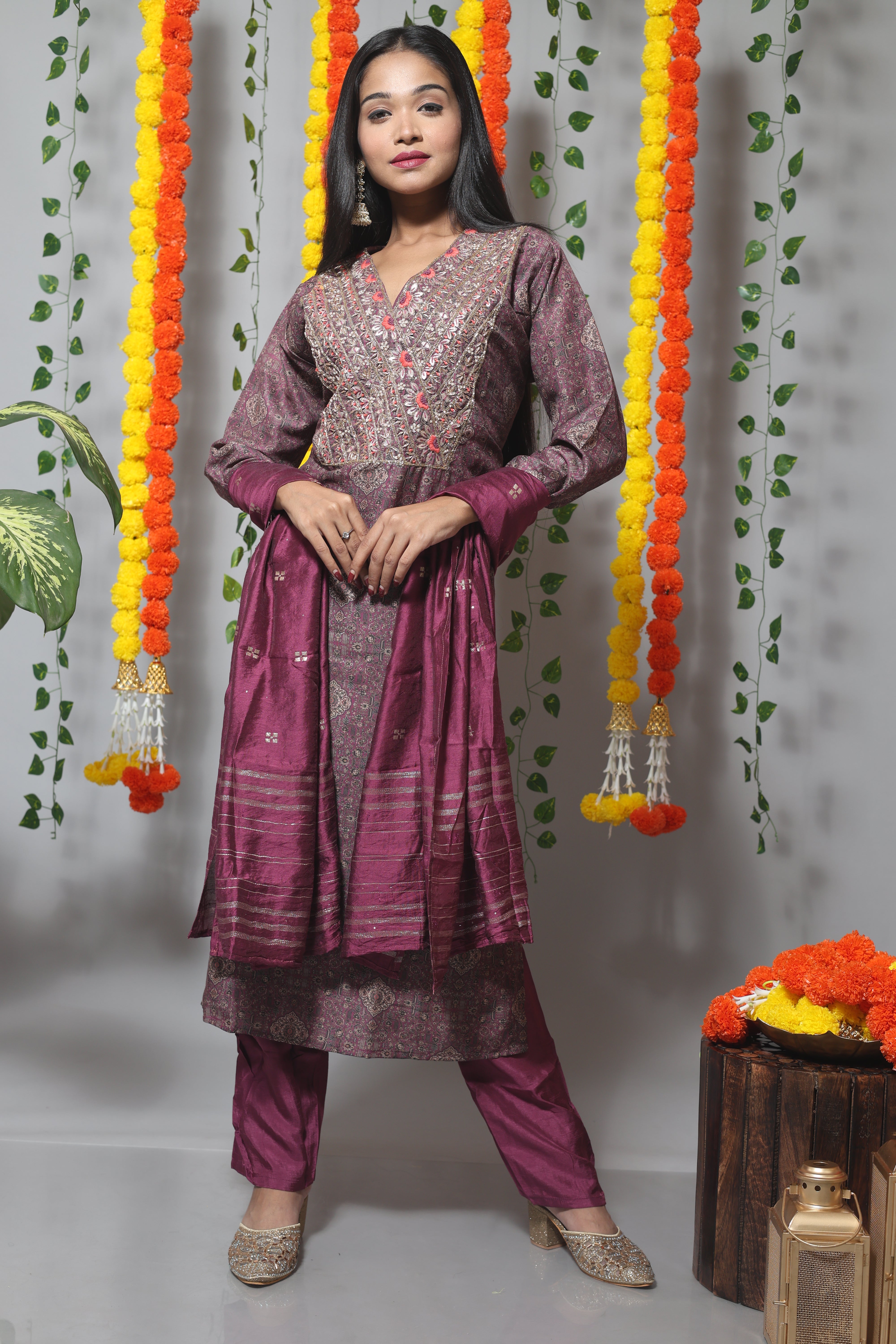 Magenta Dola Silk Suit Set With Benarasi Dupatta