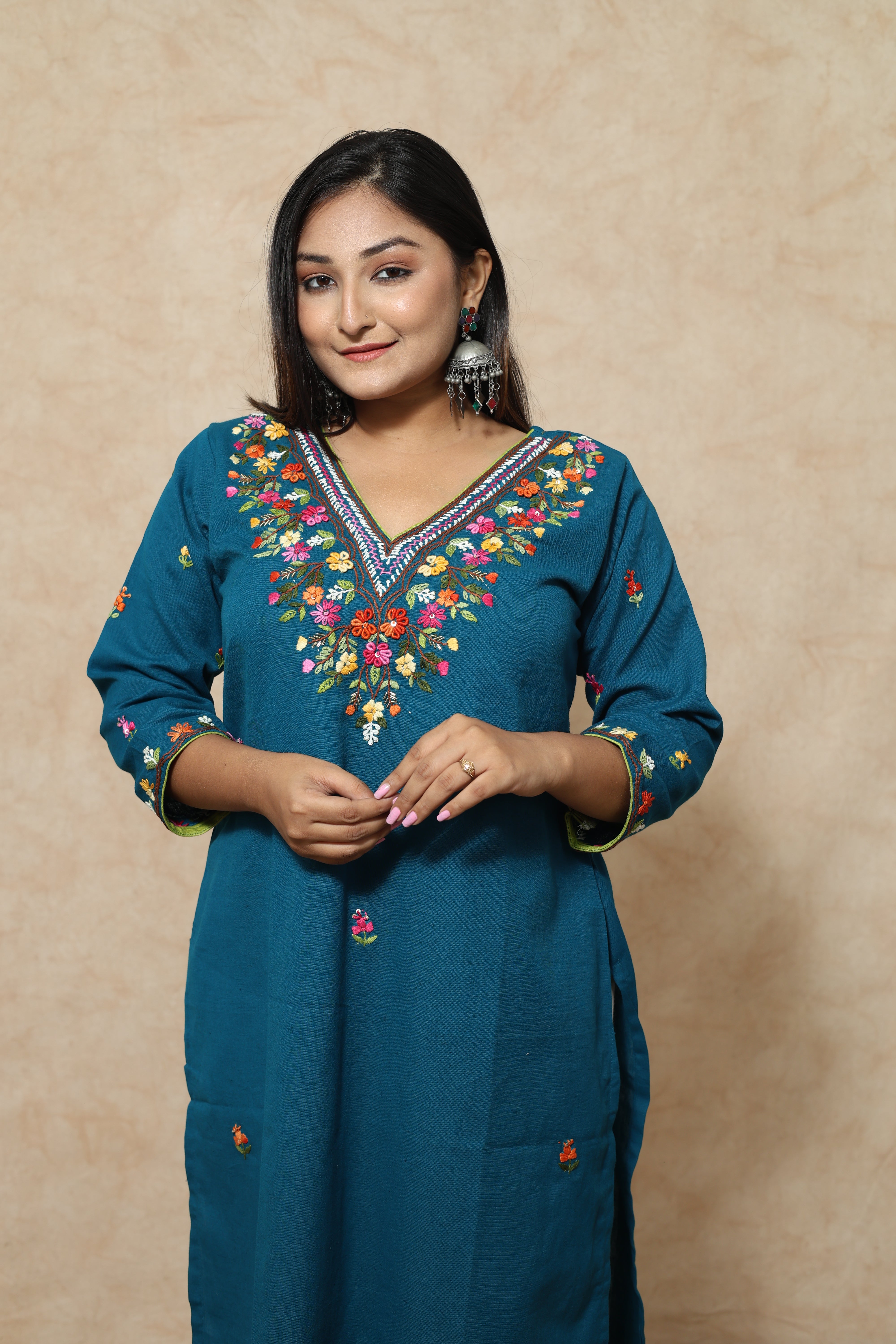 Turquoise Blue Color Hand Embroidery Cotton Kurta