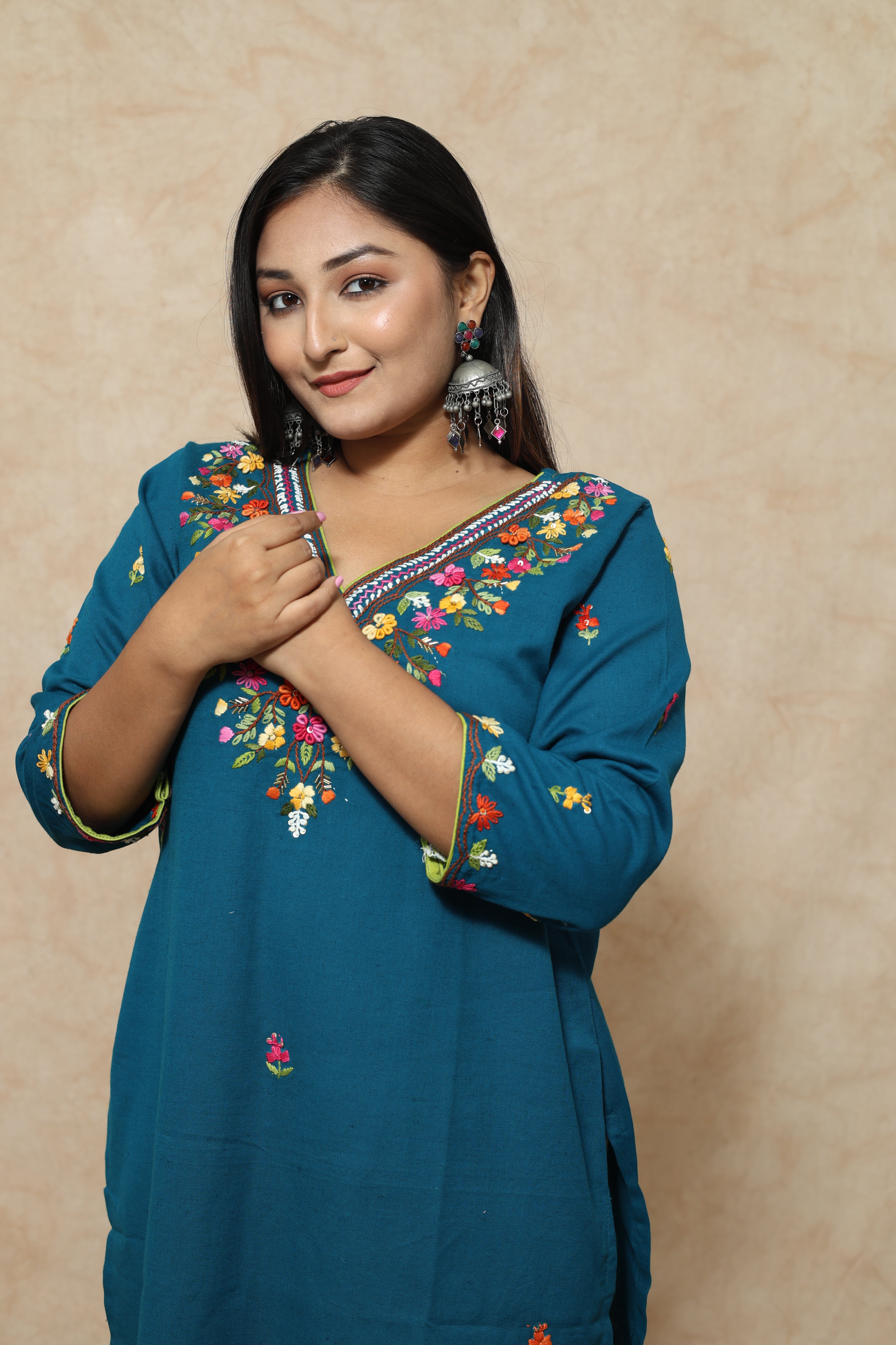 Turquoise Blue Color Hand Embroidery Cotton Kurta