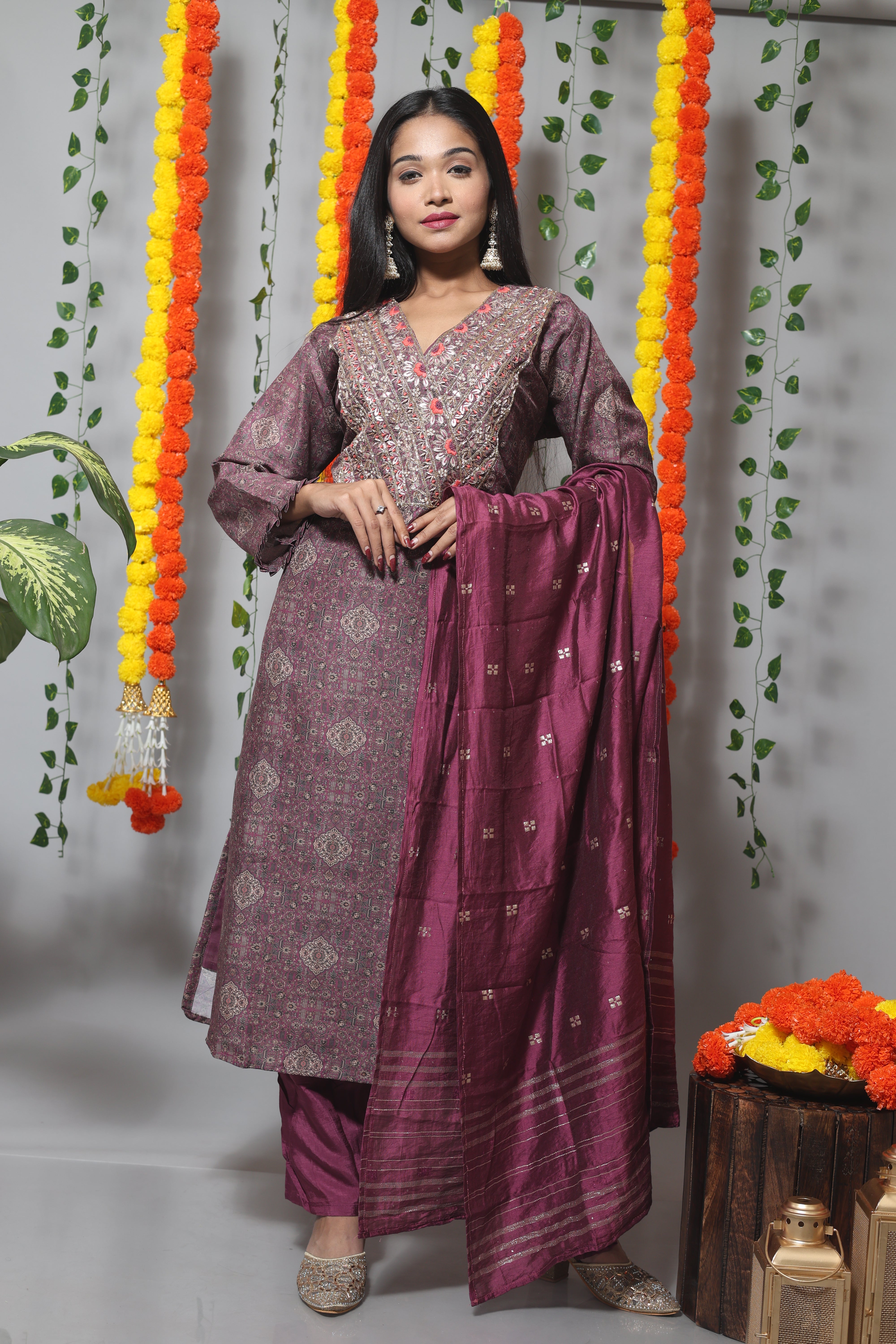 Magenta Dola Silk Suit Set With Benarasi Dupatta