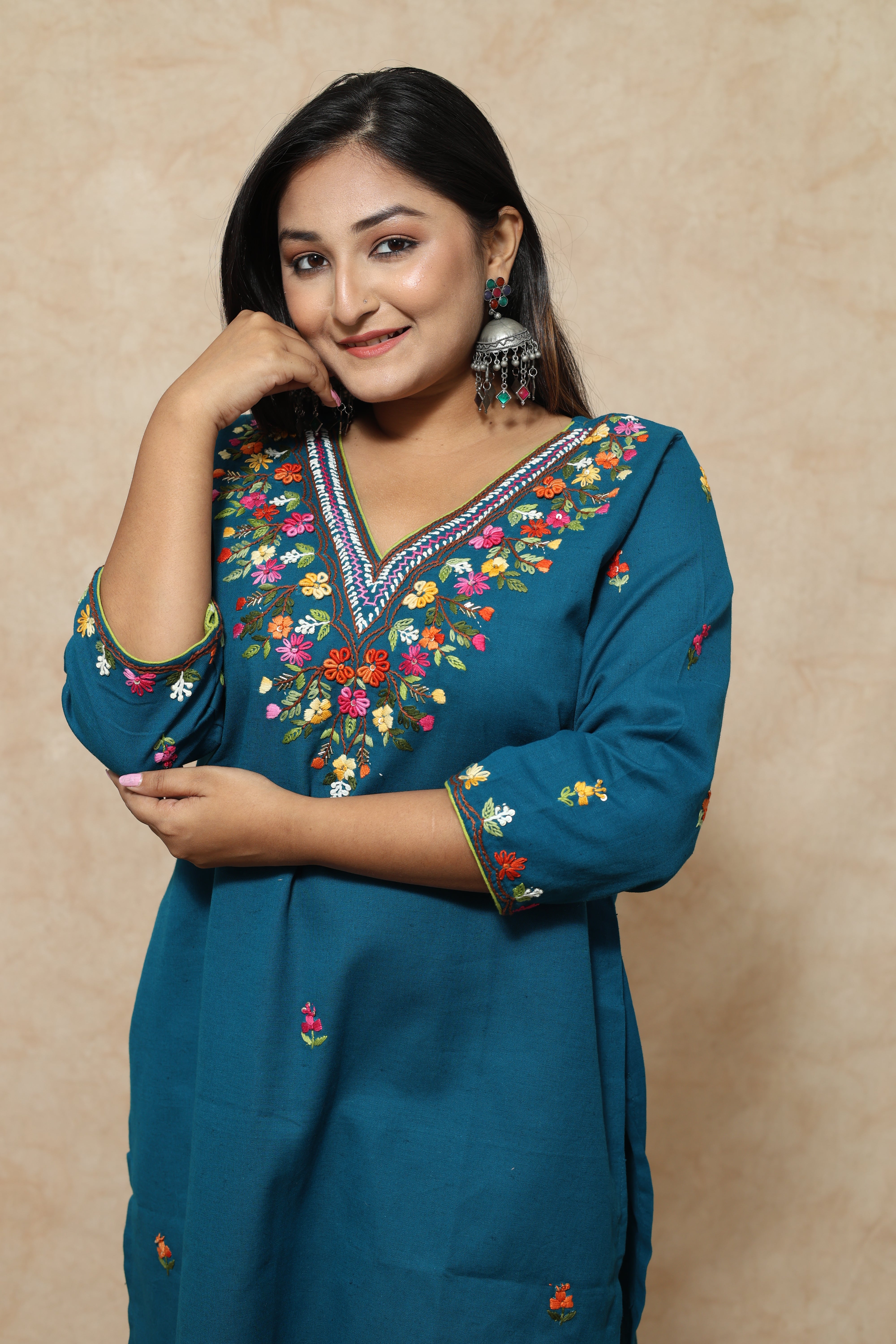 Turquoise Blue Color Hand Embroidery Cotton Kurta