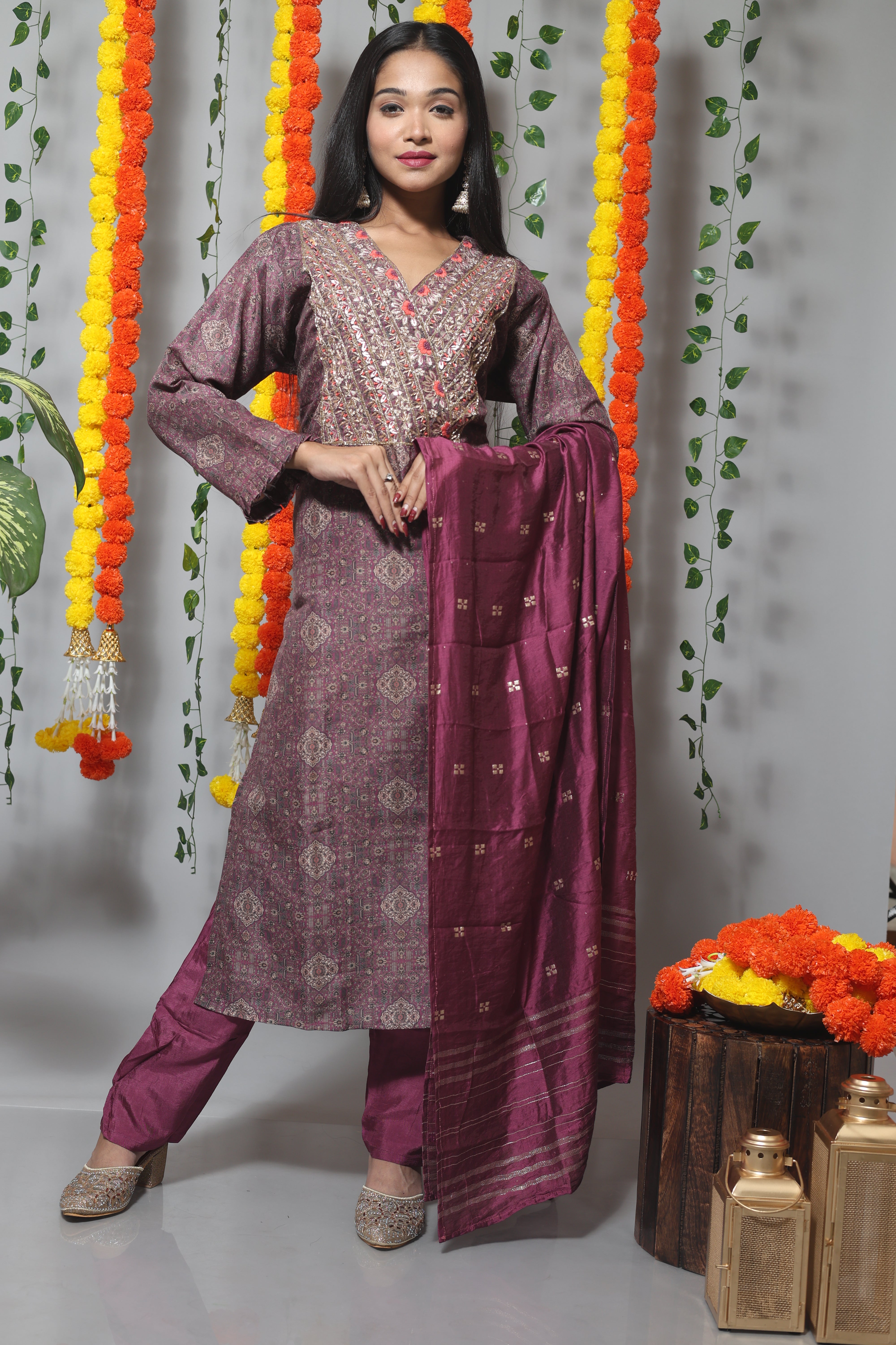 Magenta Dola Silk Suit Set With Benarasi Dupatta