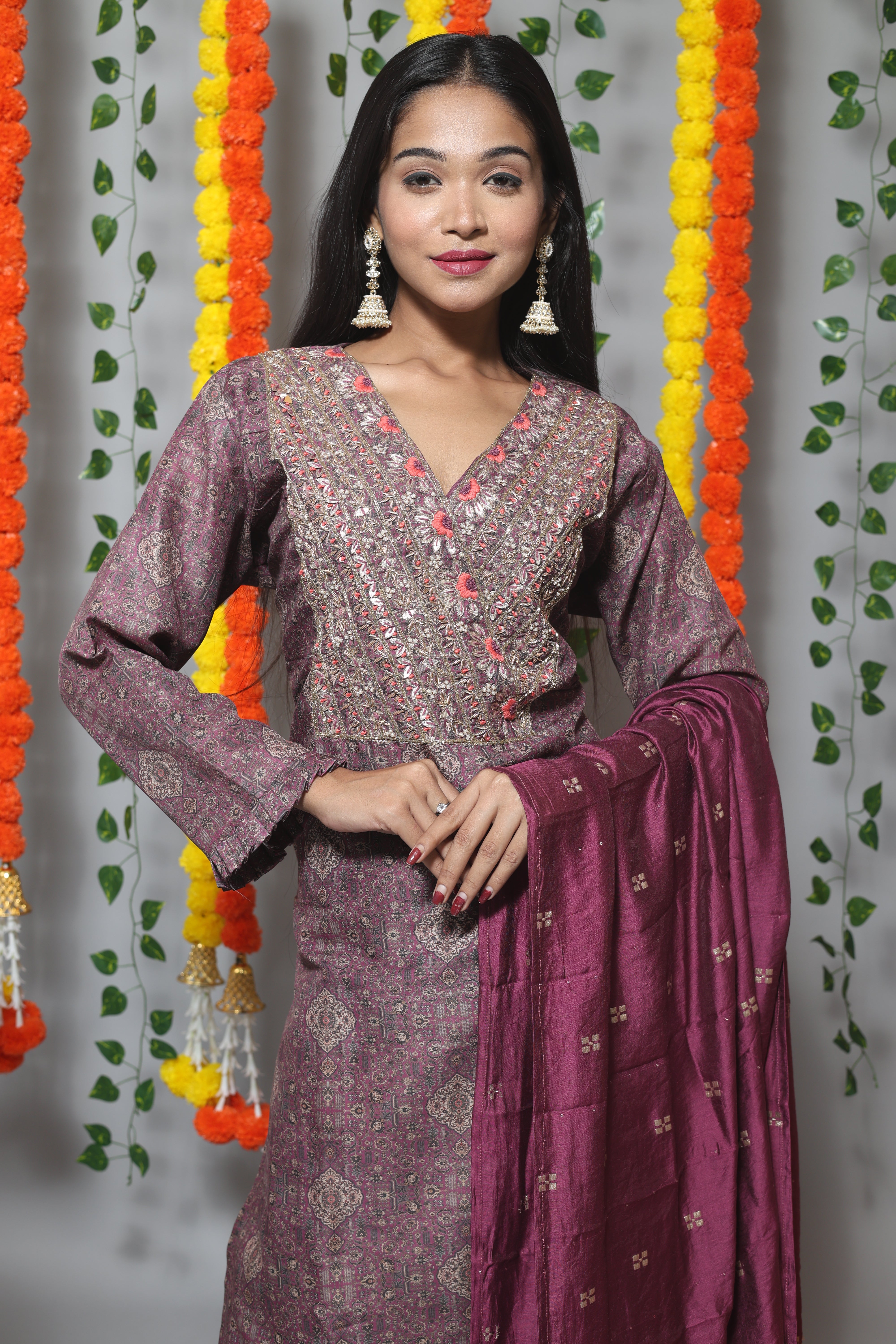 Magenta Dola Silk Suit Set With Benarasi Dupatta