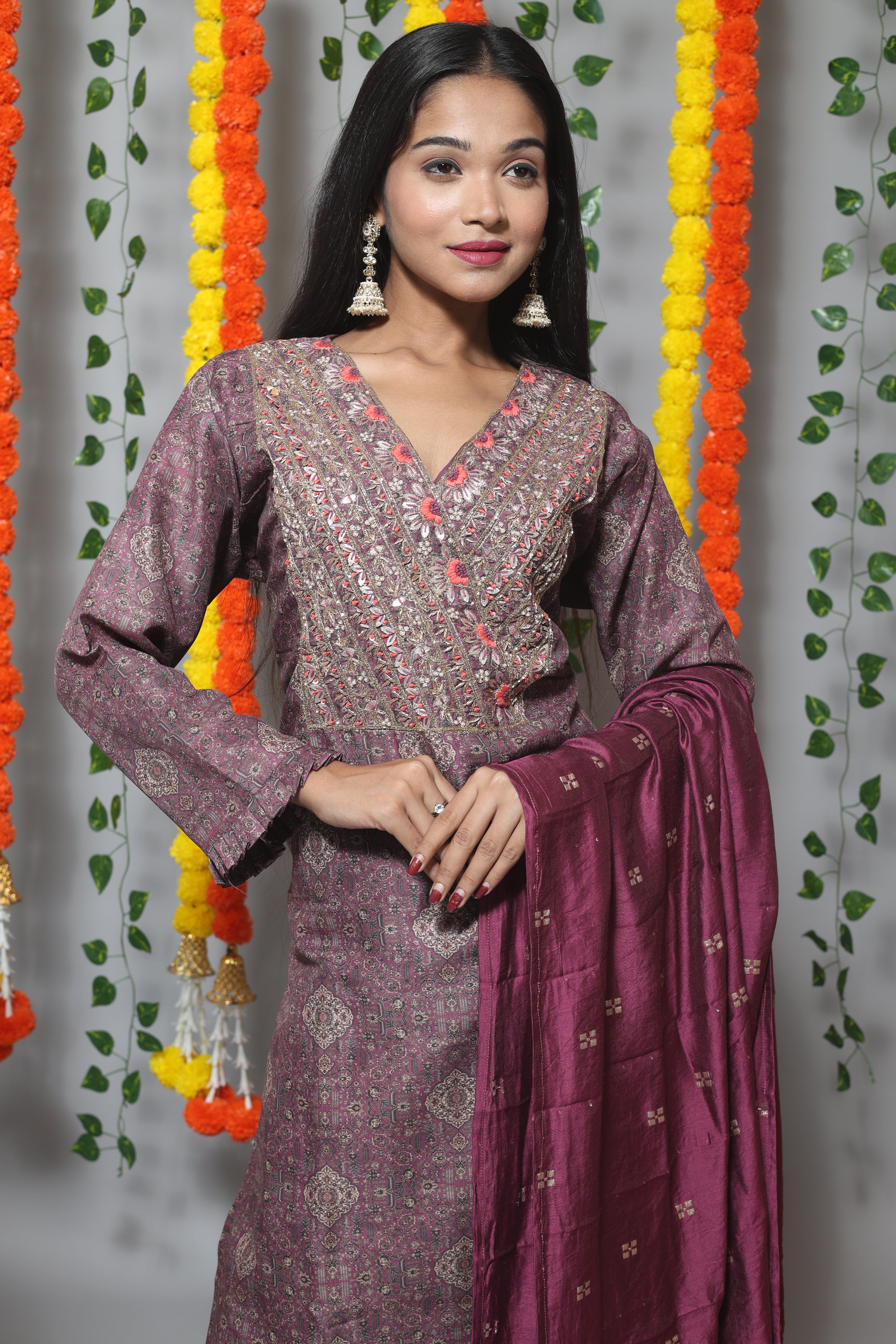 Magenta Dola Silk Suit Set With Benarasi Dupatta