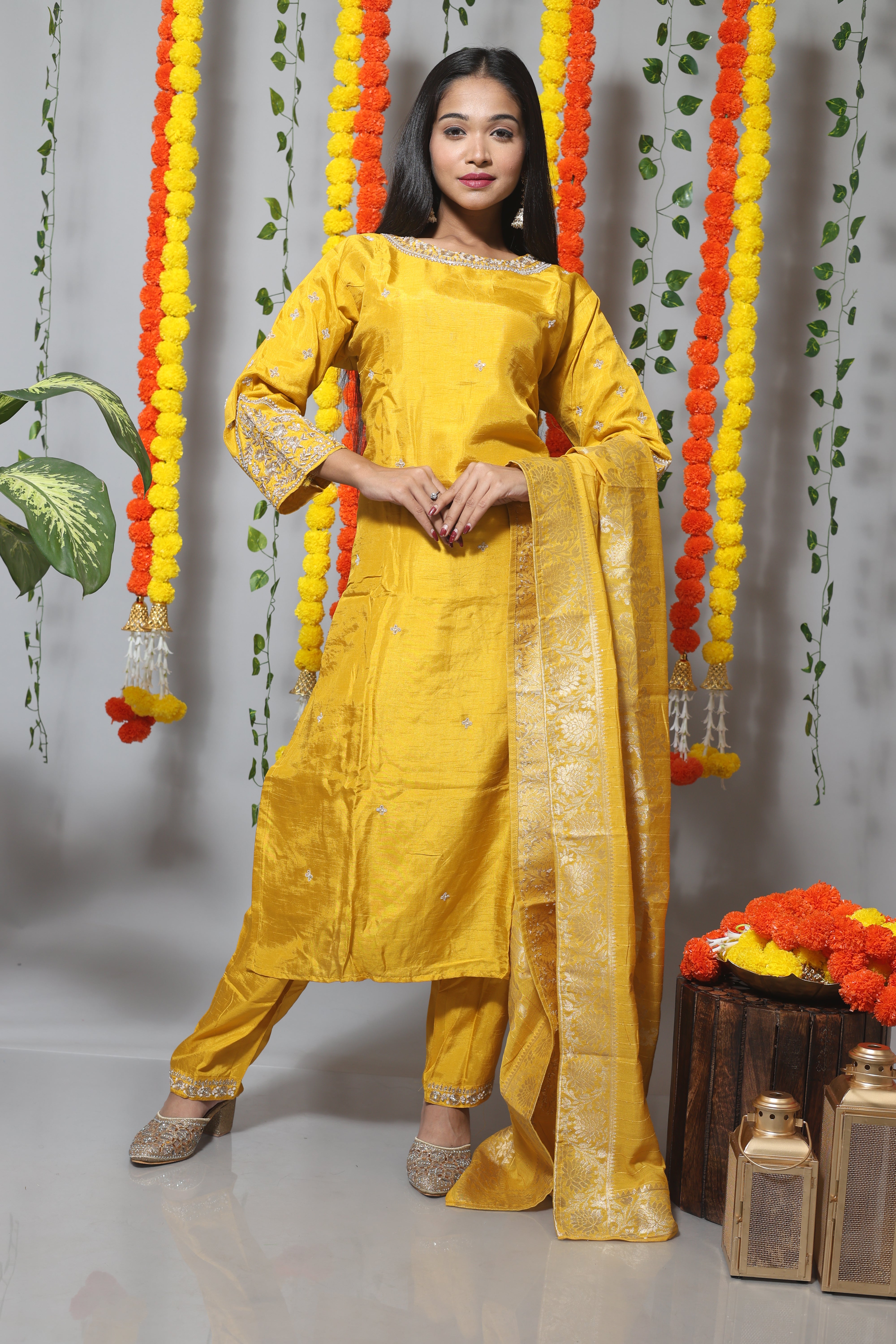 Yellow Suit Set With Benarasi Dupatta