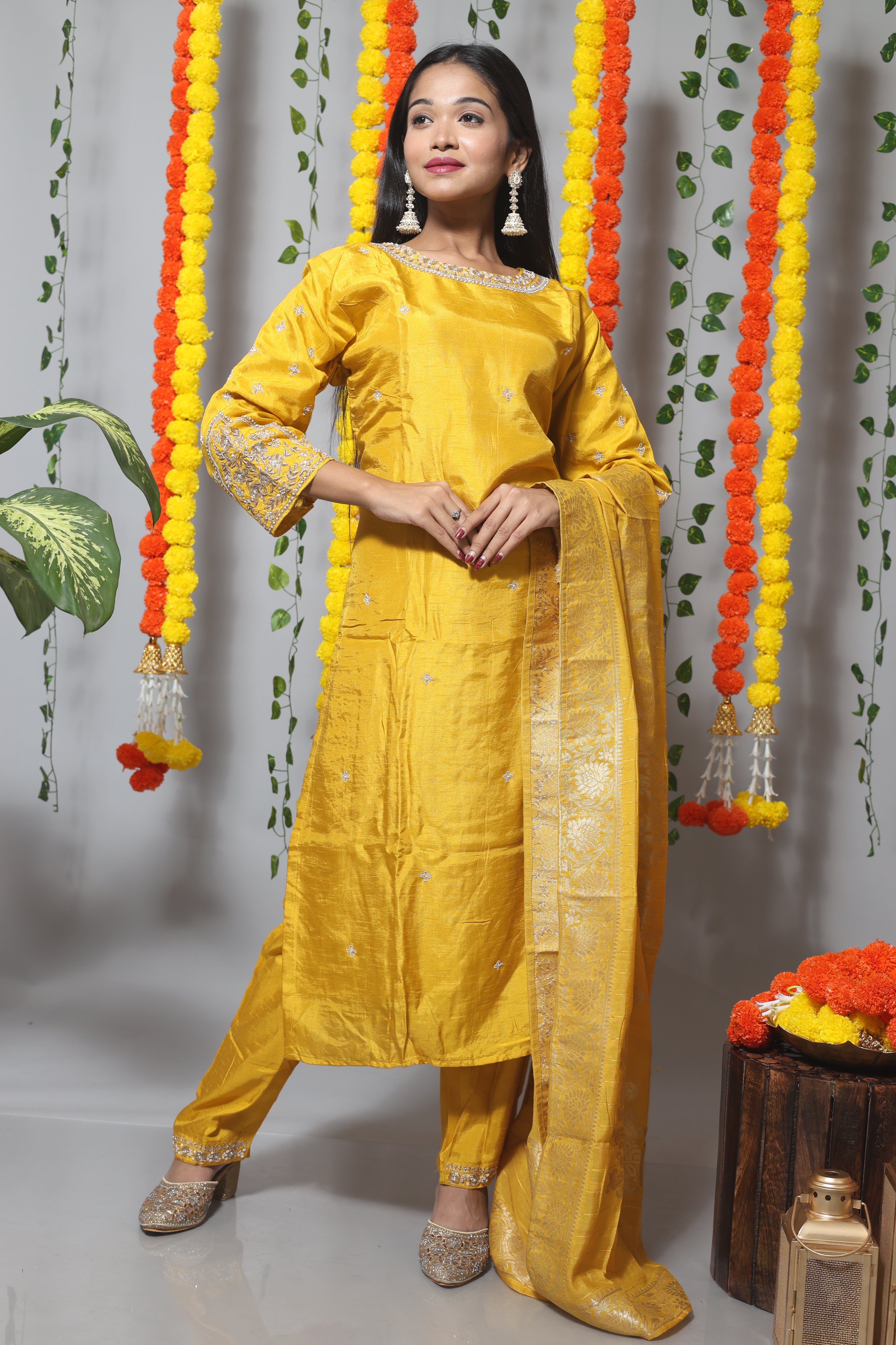 Yellow Suit Set With Benarasi Dupatta