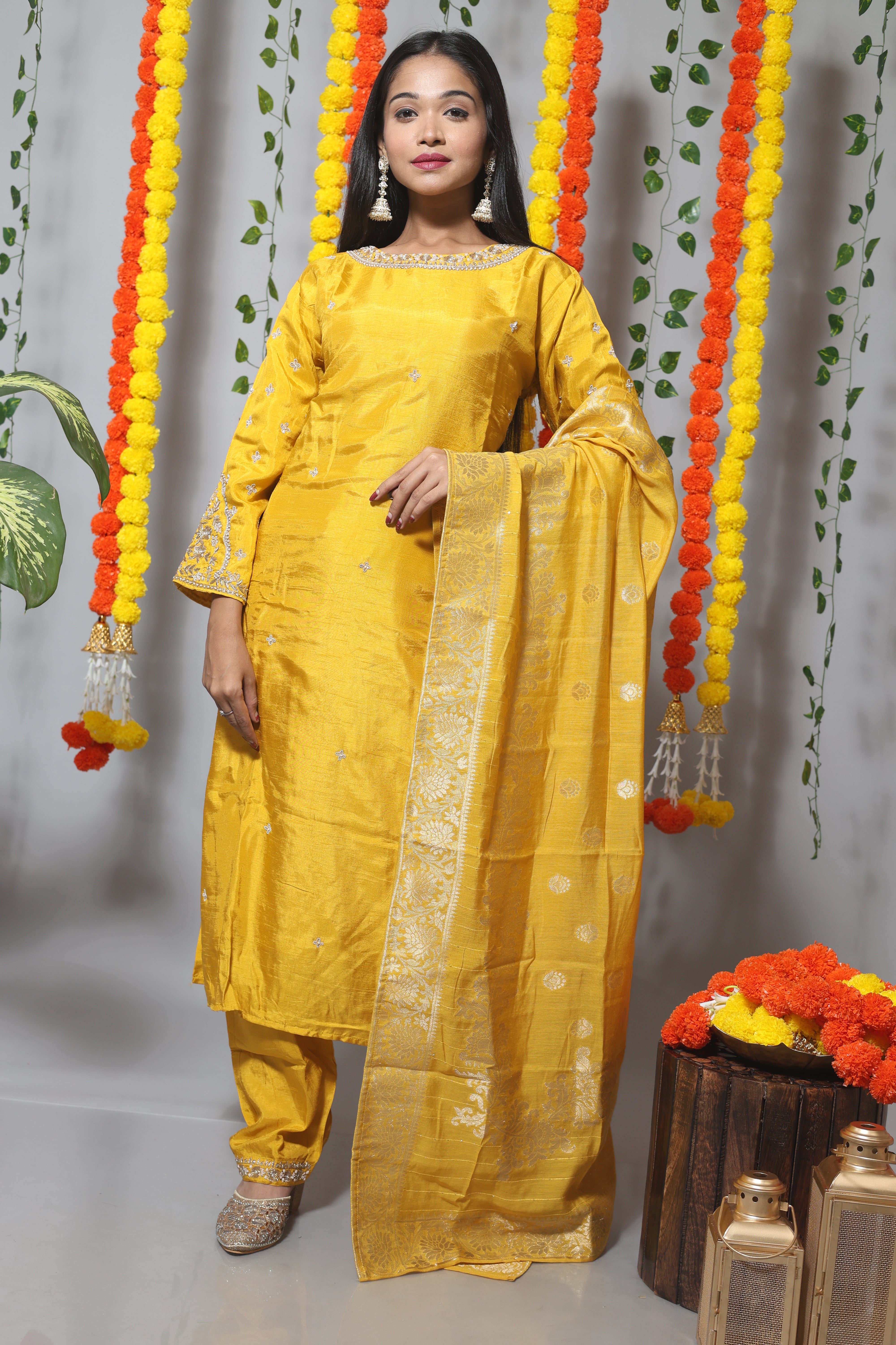 Yellow Suit Set With Benarasi Dupatta