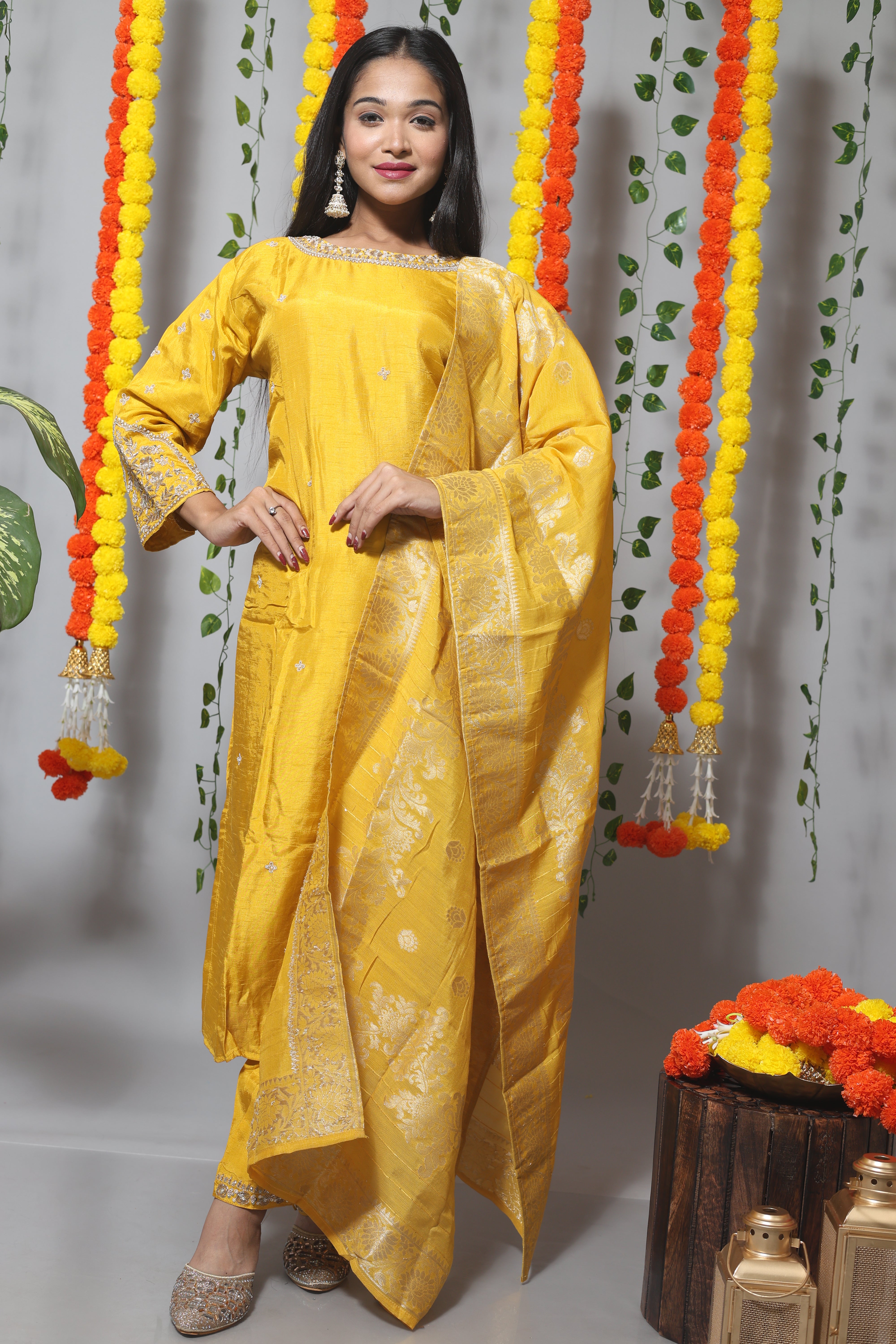Yellow Suit Set With Benarasi Dupatta