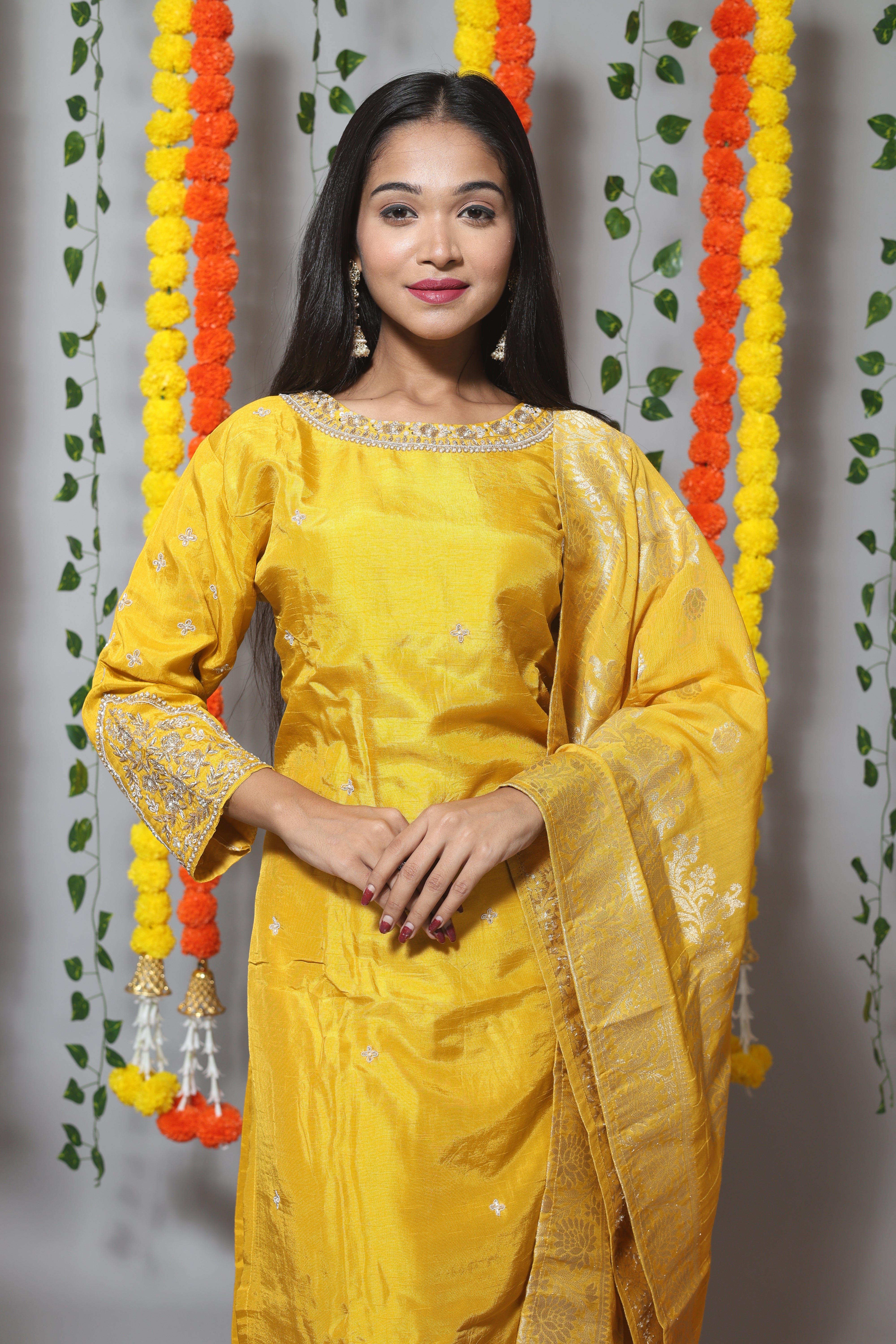 Yellow Suit Set With Benarasi Dupatta