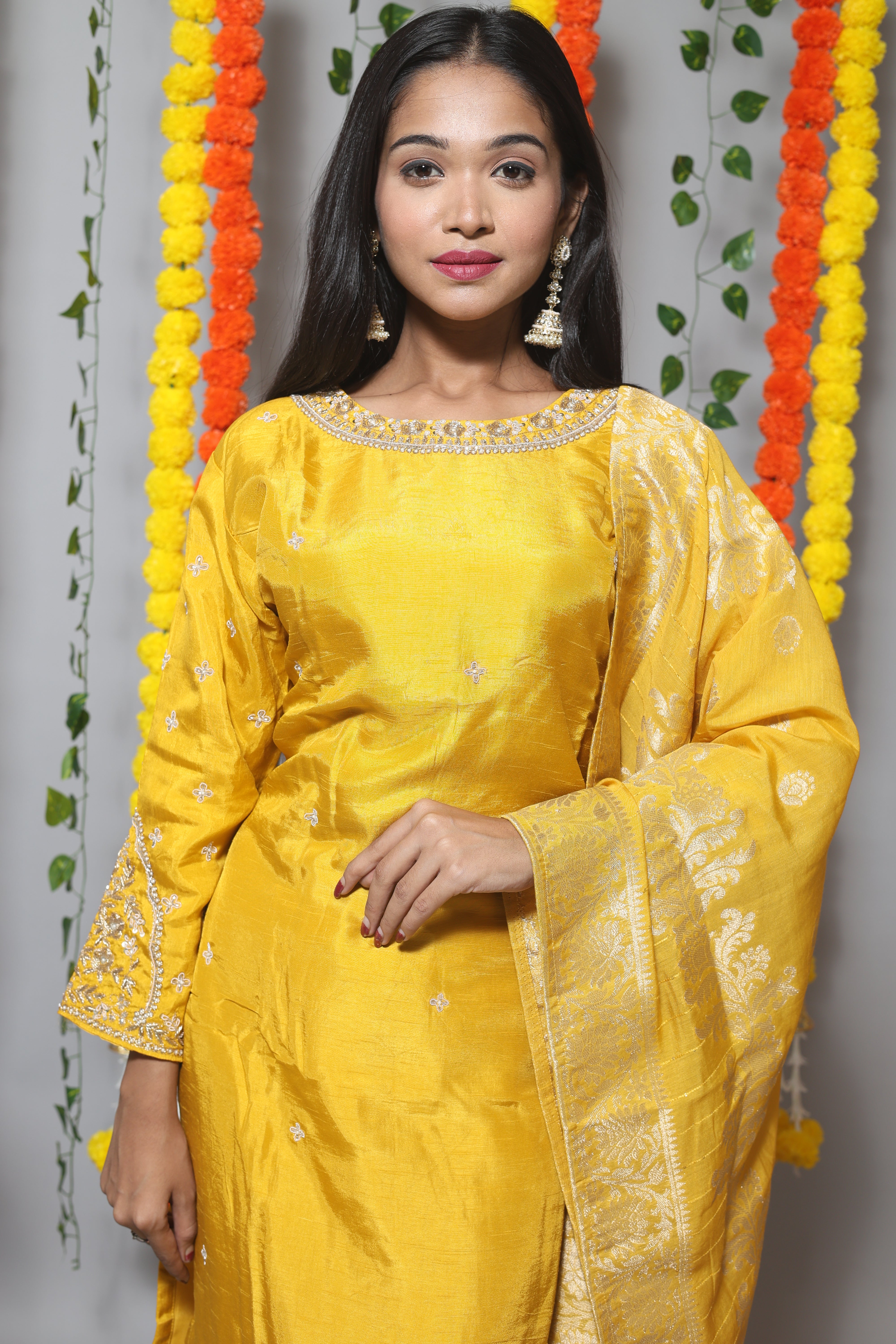 Yellow suit set with a beautiful Benarasi dupatta
