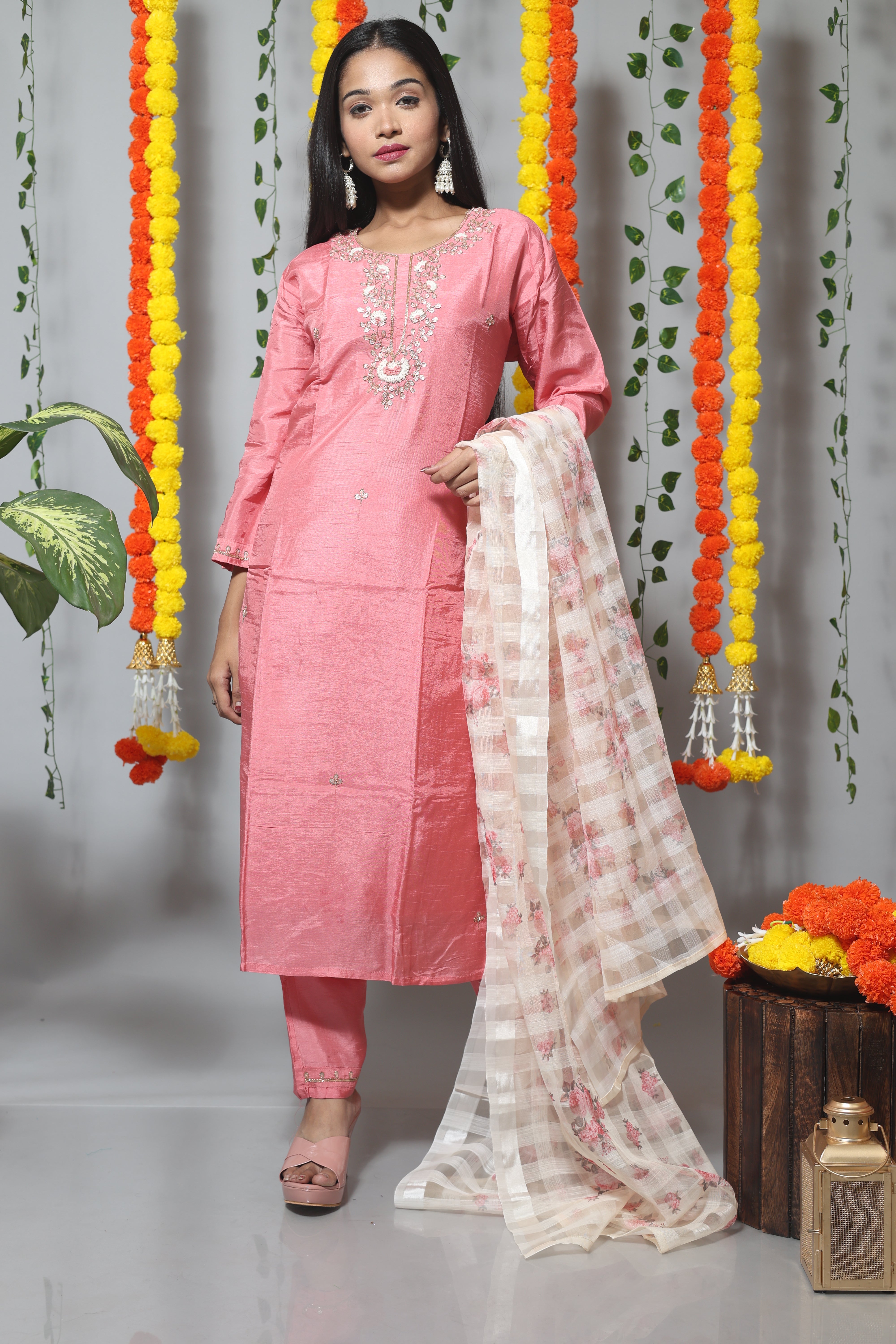 Pastel pink dola silk suit set with exquisite handwork