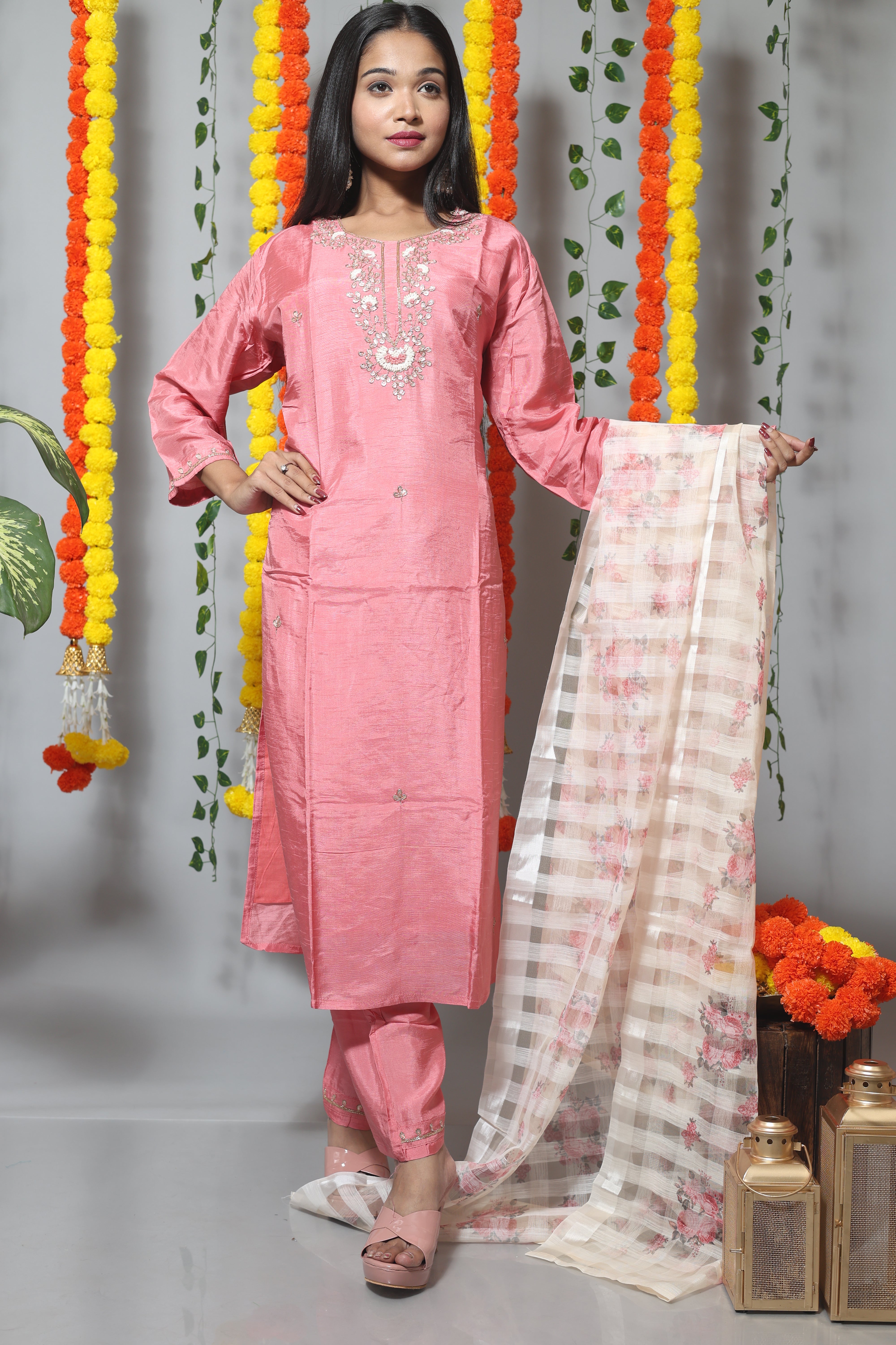 Pastel Pink Dola Silk Handwork Suit Set