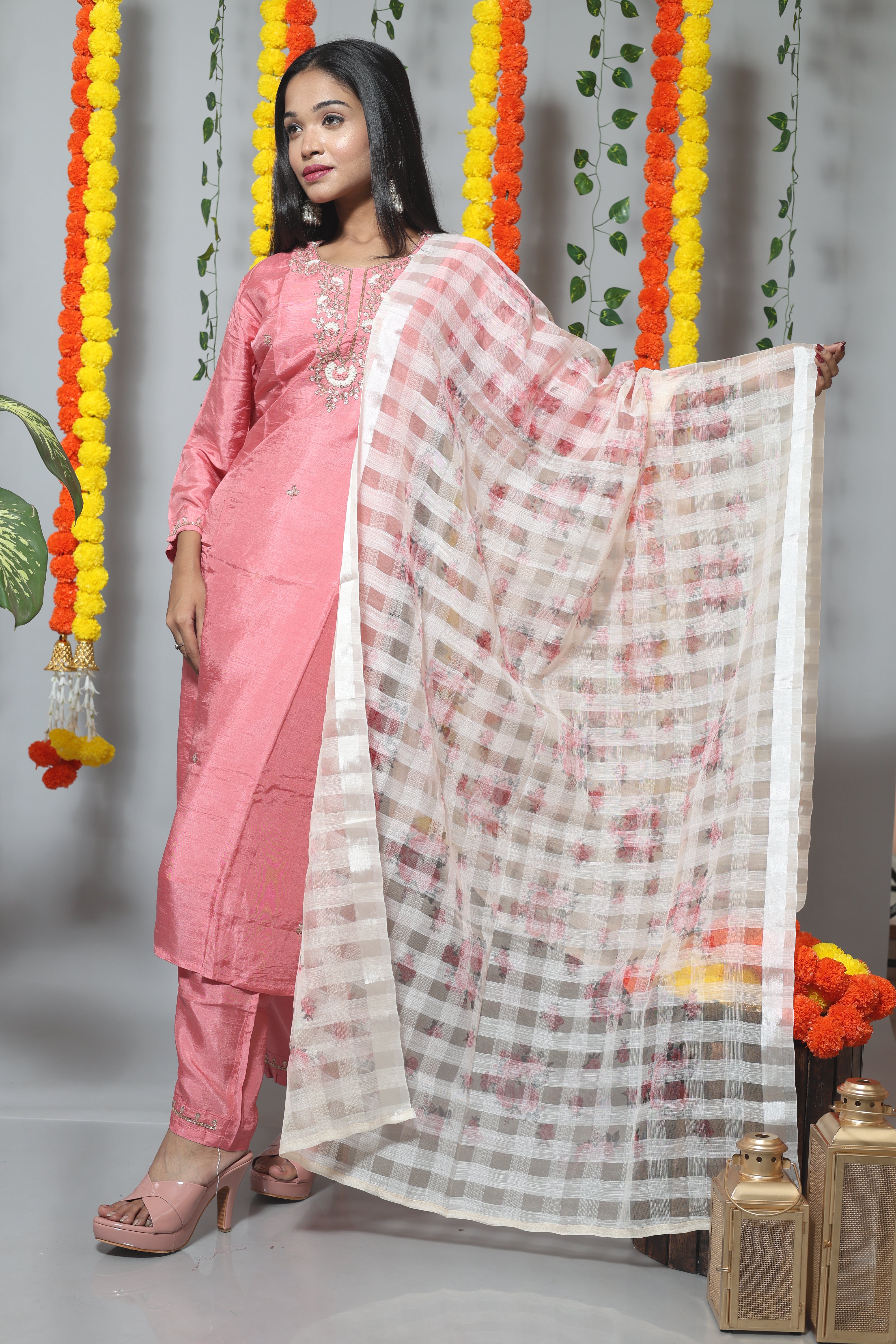 Pastel Pink Dola Silk Handwork Suit Set