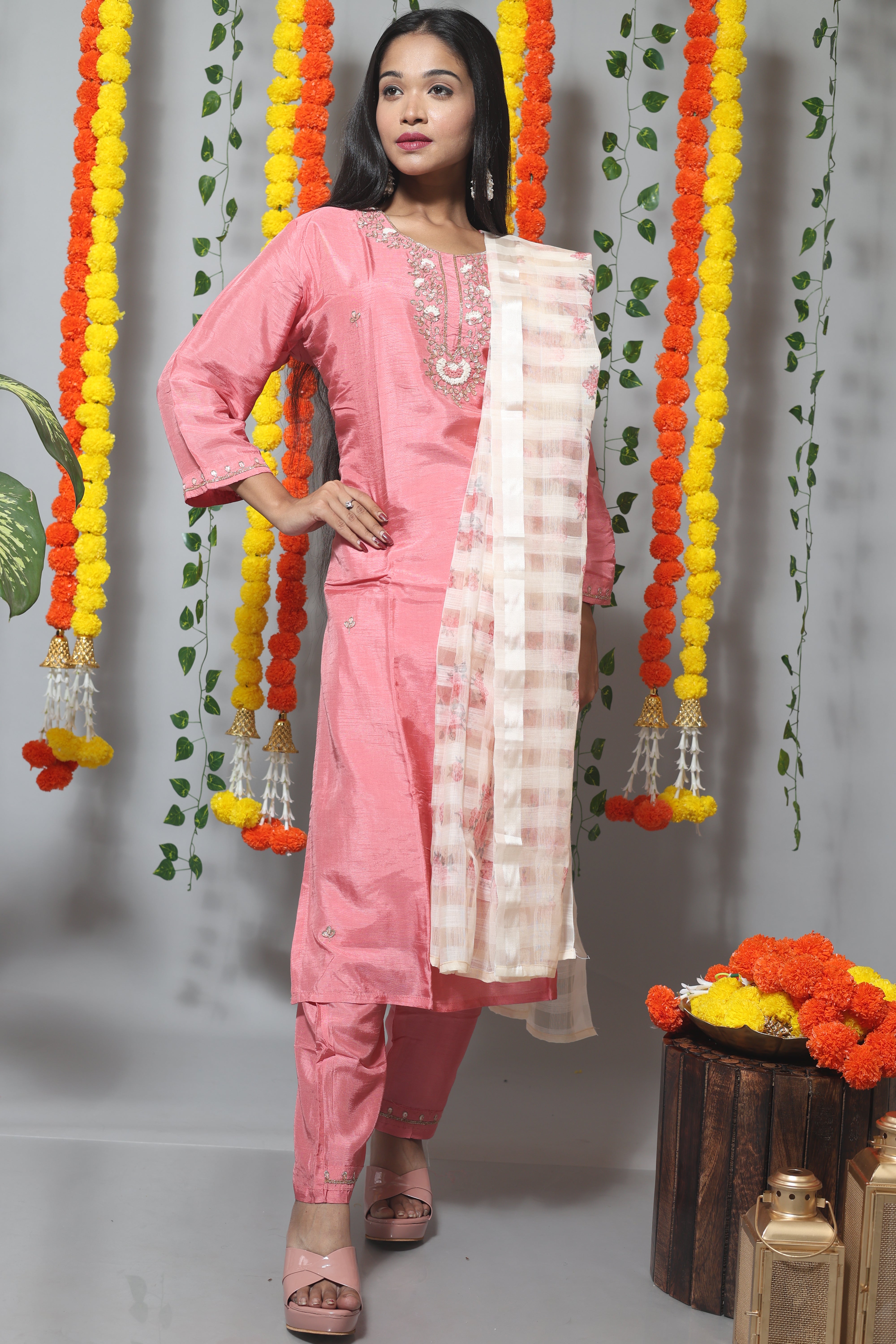 Pastel Pink Dola Silk Handwork Suit Set