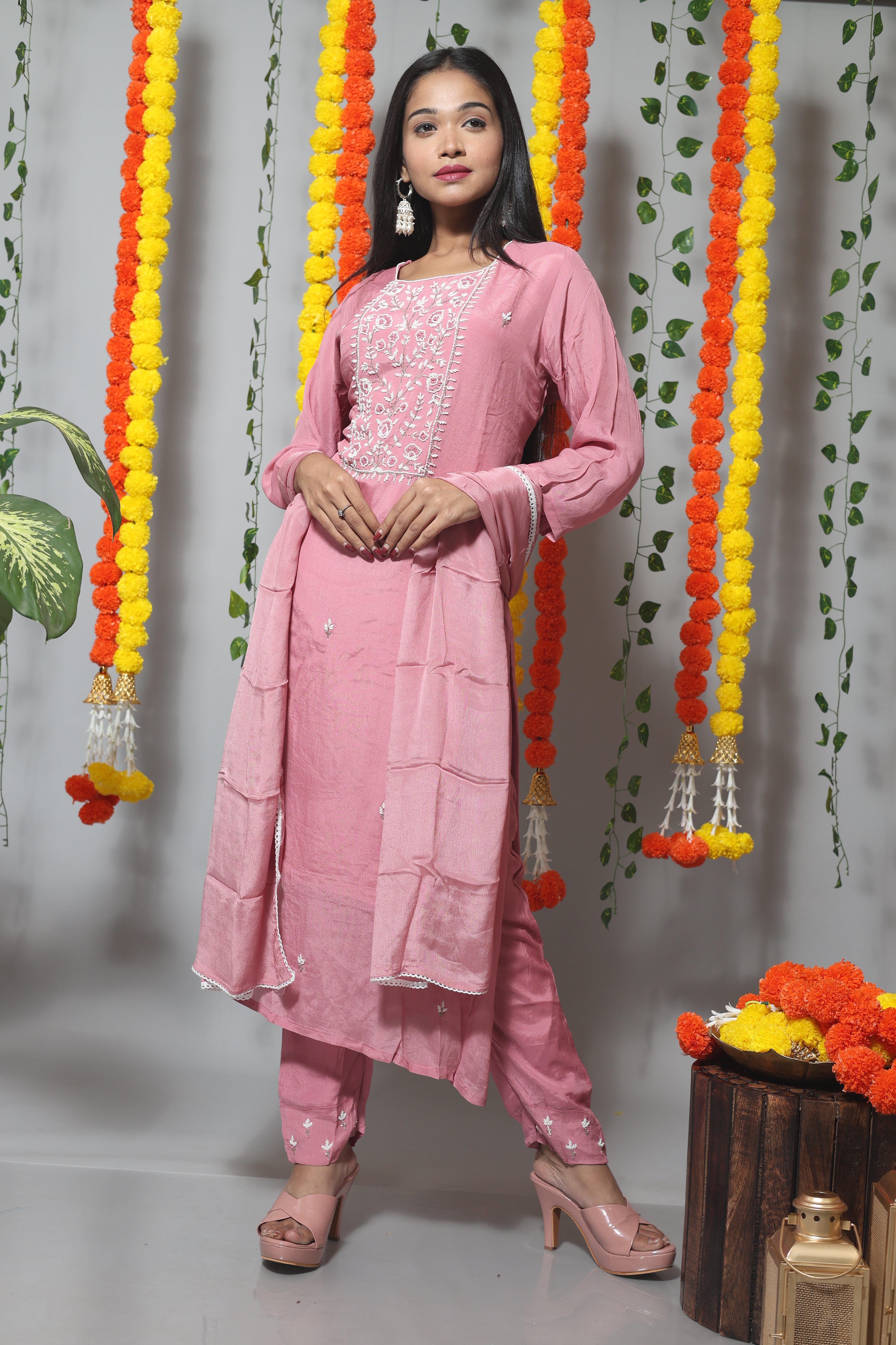 Pink dola silk suit set featuring exquisite handwork