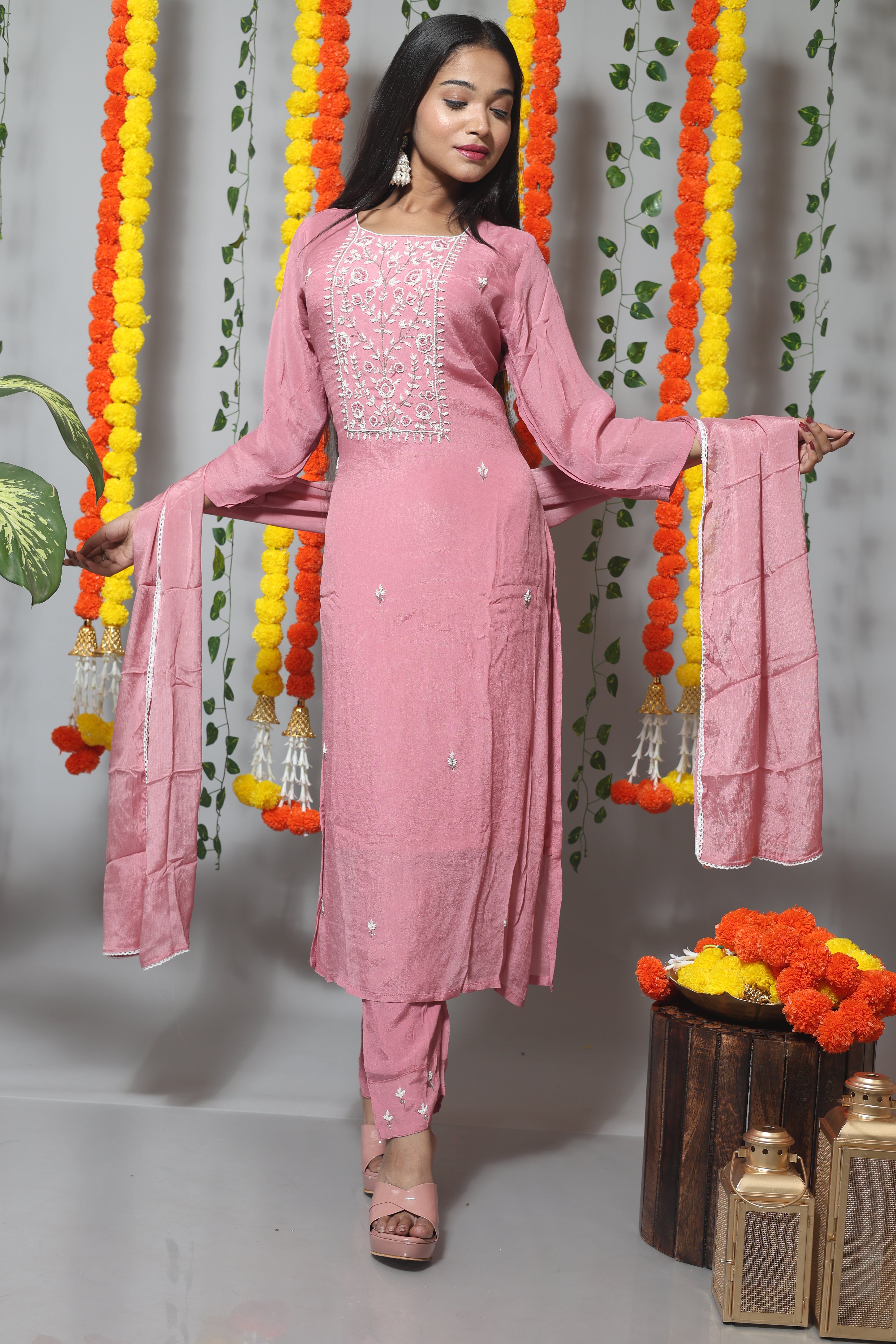 Pastel Pink Dola Silk Handwork Suit Set