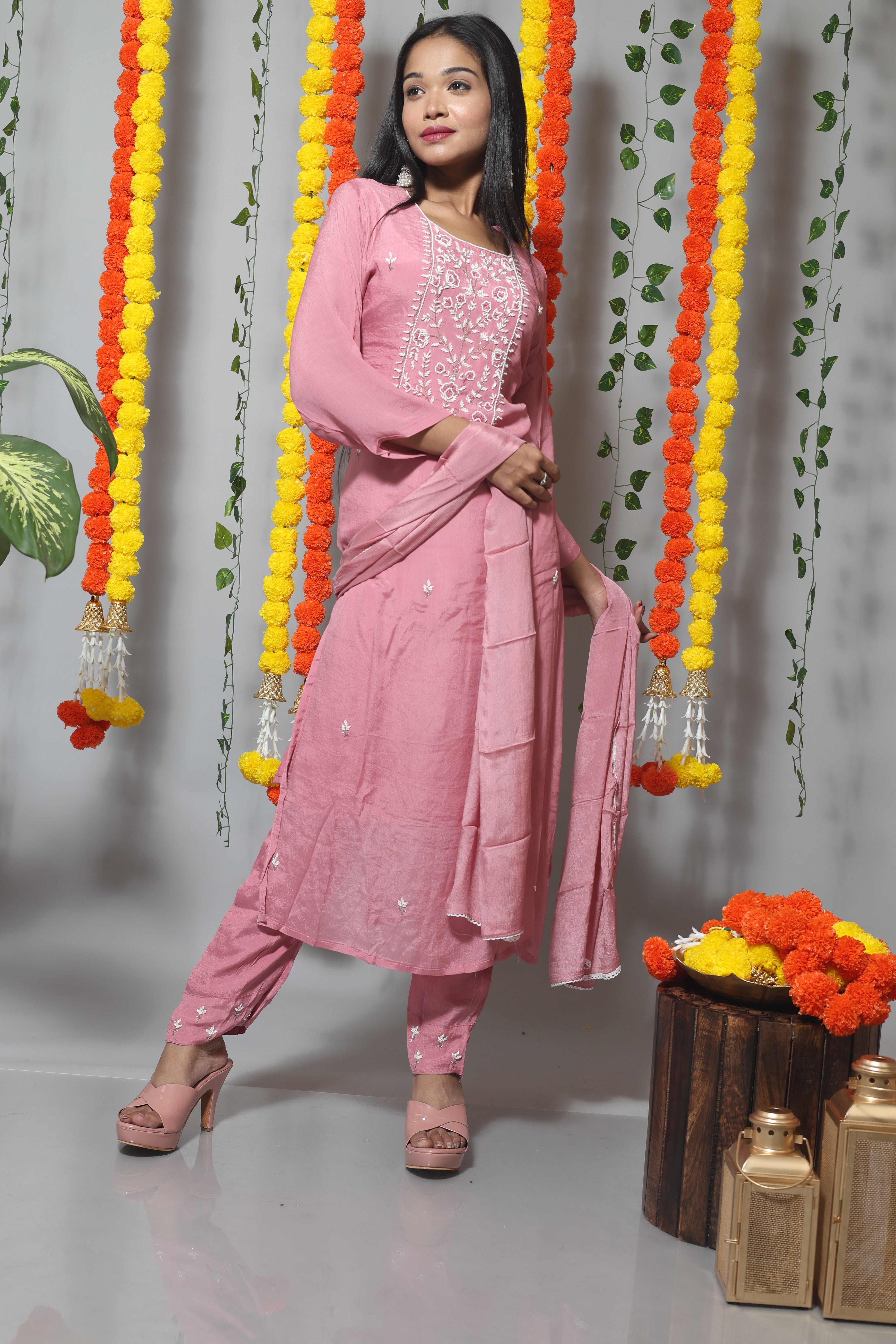Nude Pink Handwork Dola Silk Suit Set