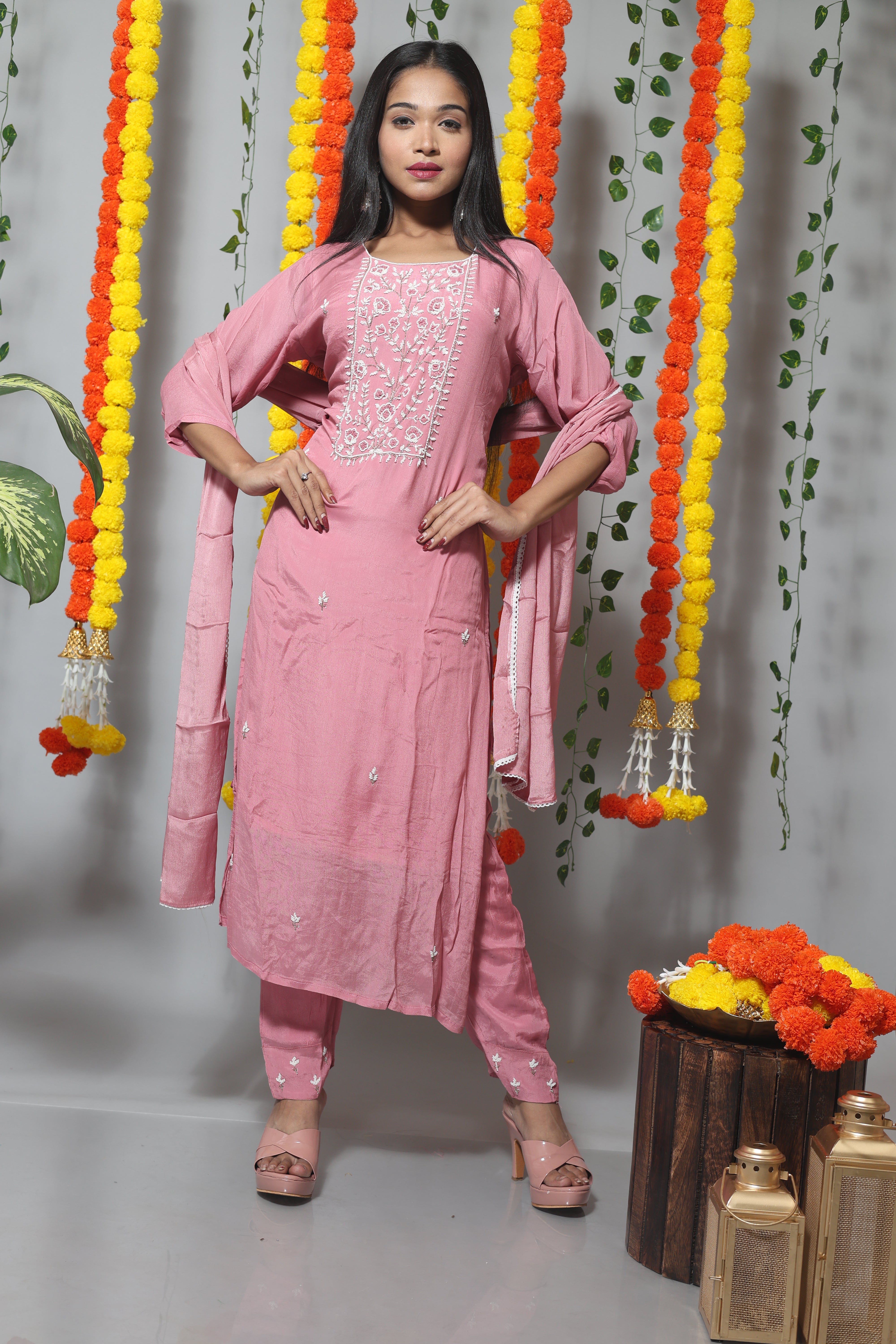 Nude Pink Handwork Dola Silk Suit Set