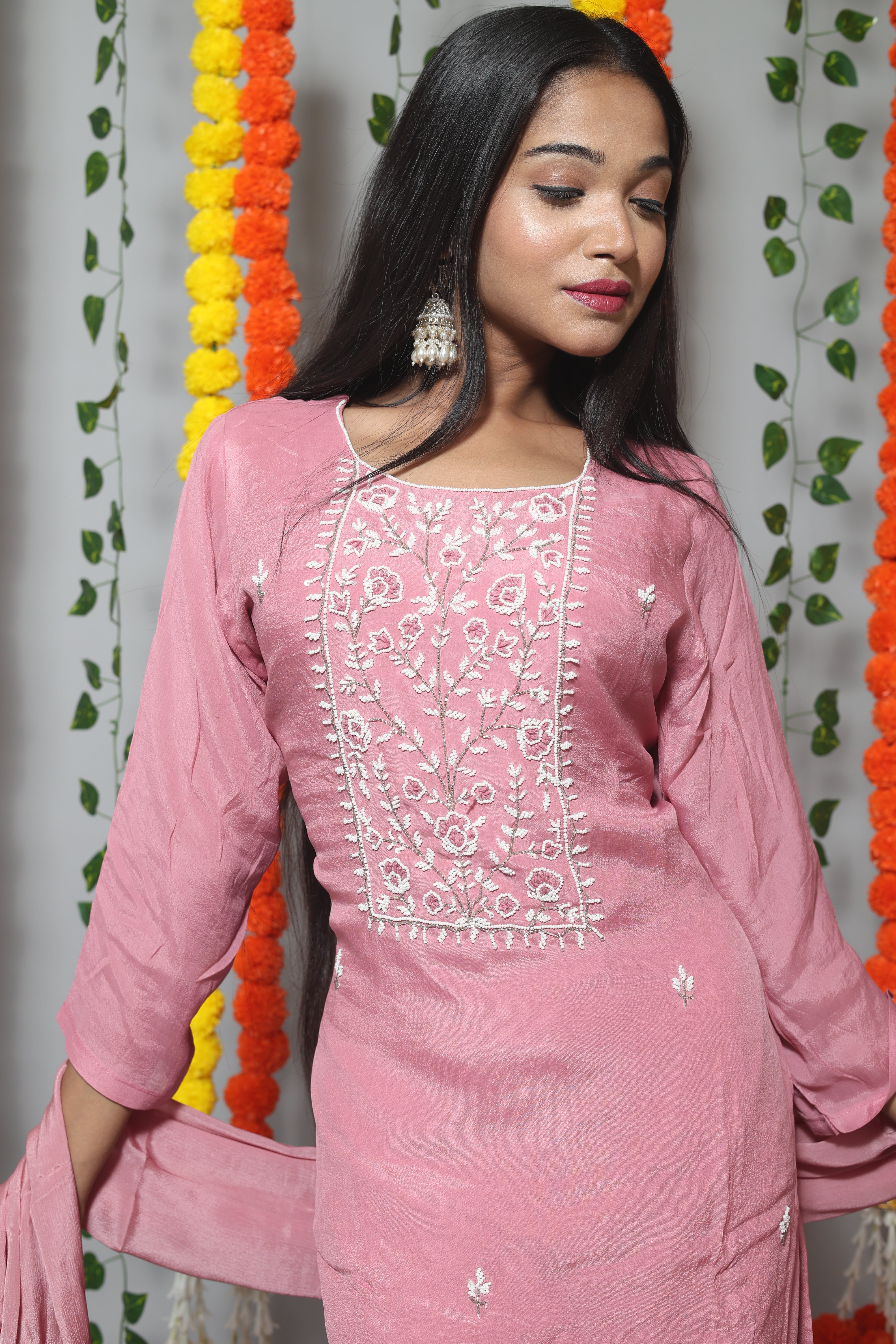 Nude Pink Handwork Dola Silk Suit Set