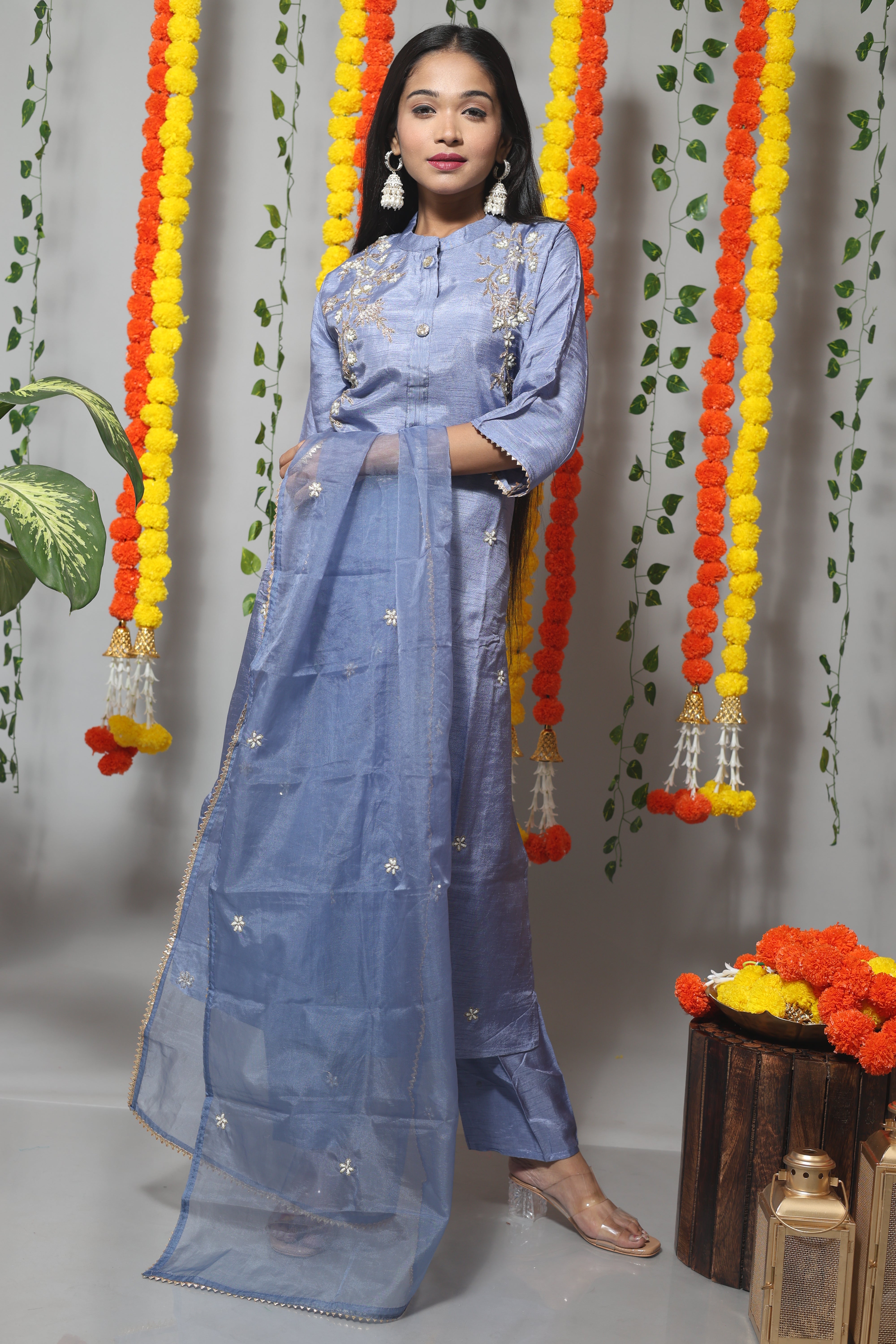 Pastel blue dola silk suit set featuring exquisite handwork
