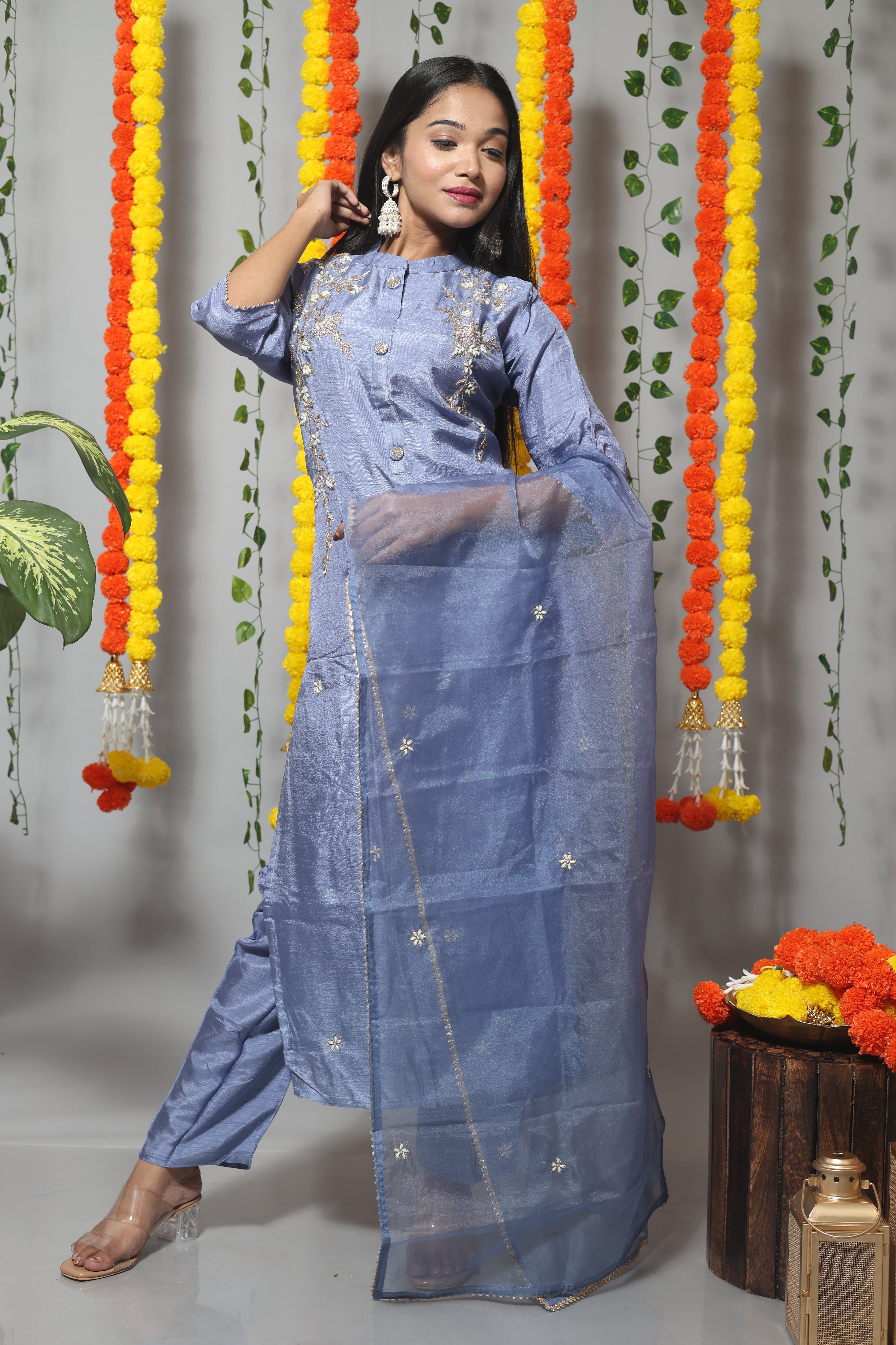 Pastel Blue Handwork Dola Silk Suit Set