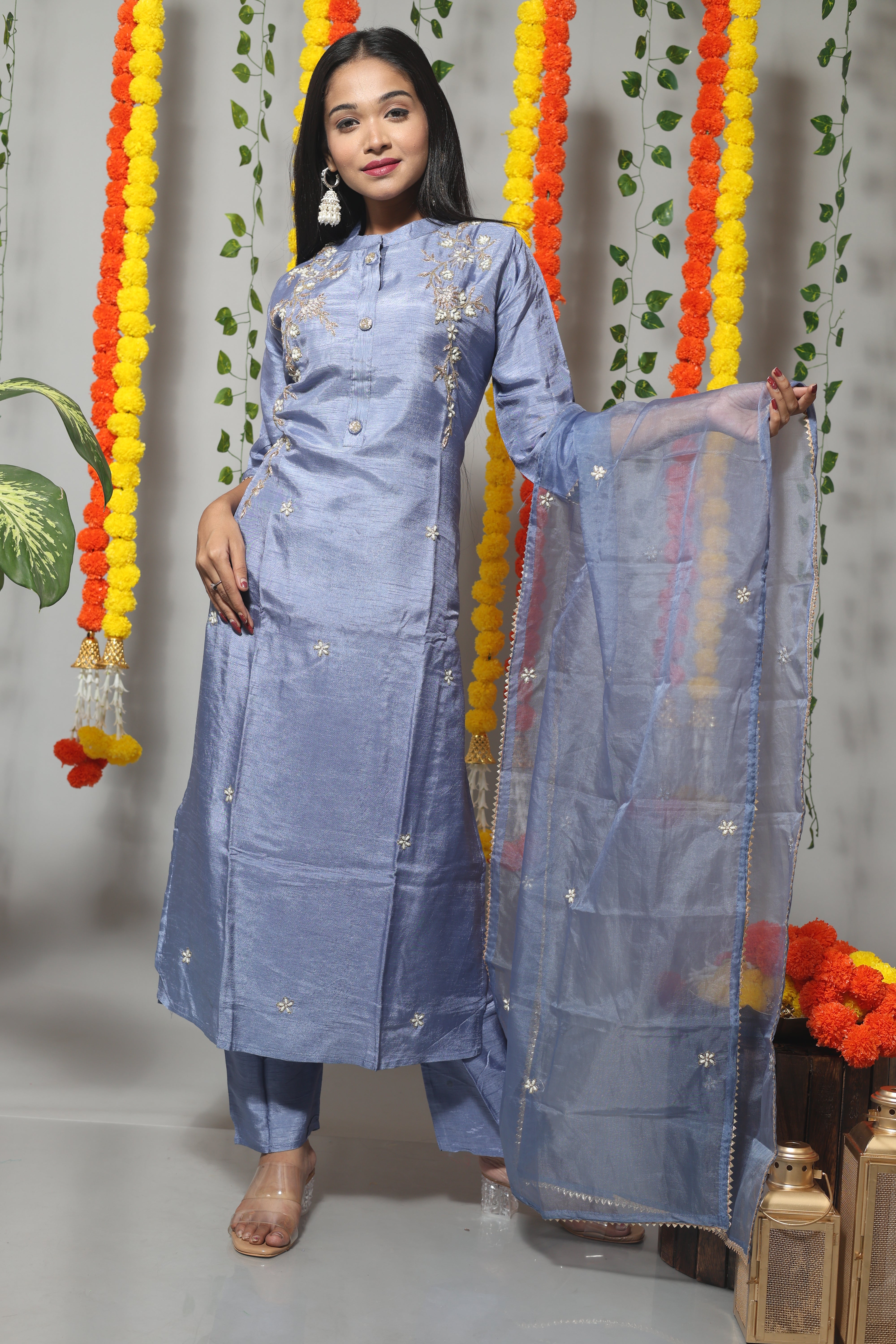 Pastel Blue Handwork Dola Silk Suit Set