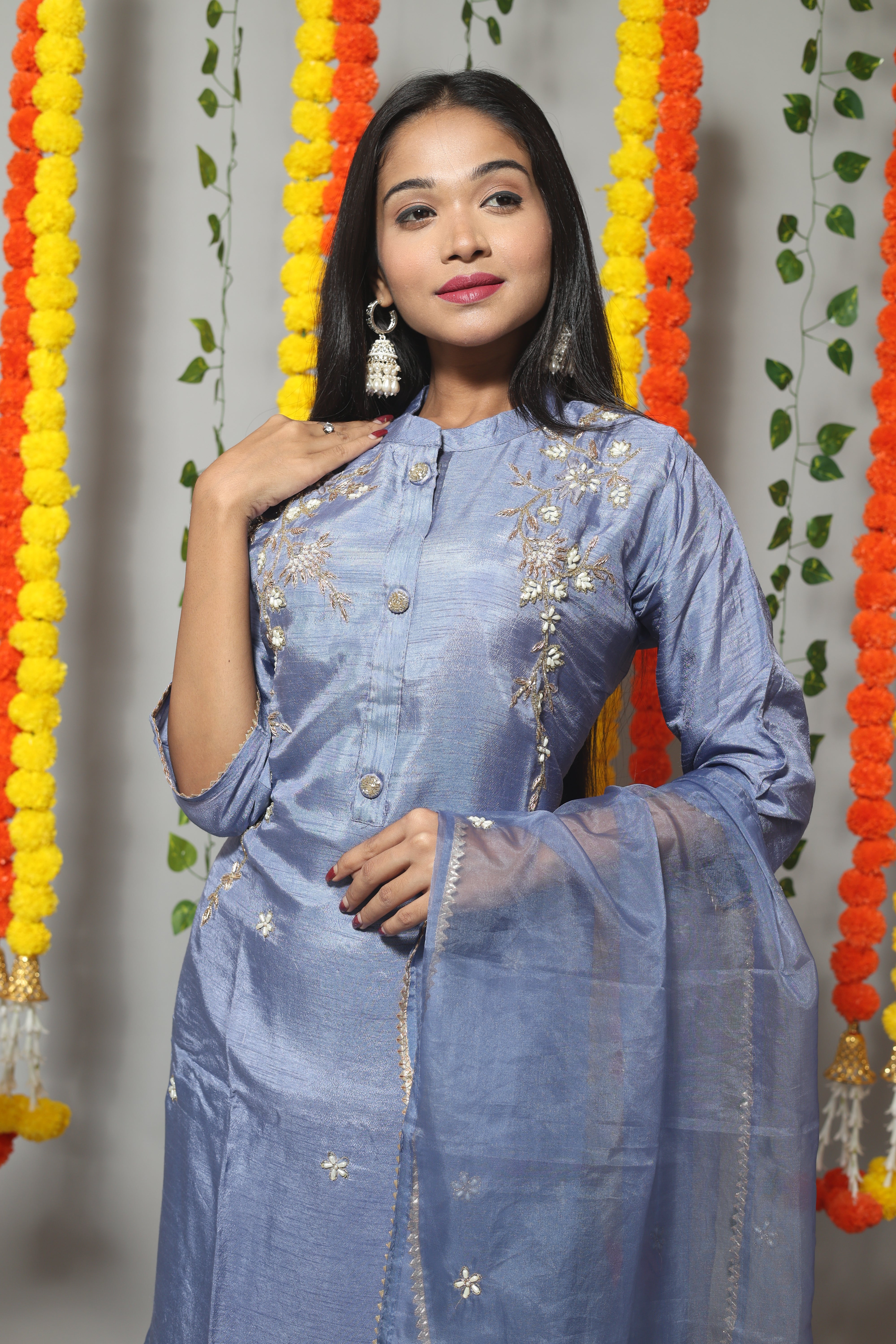 Pastel Blue Handwork Dola Silk Suit Set