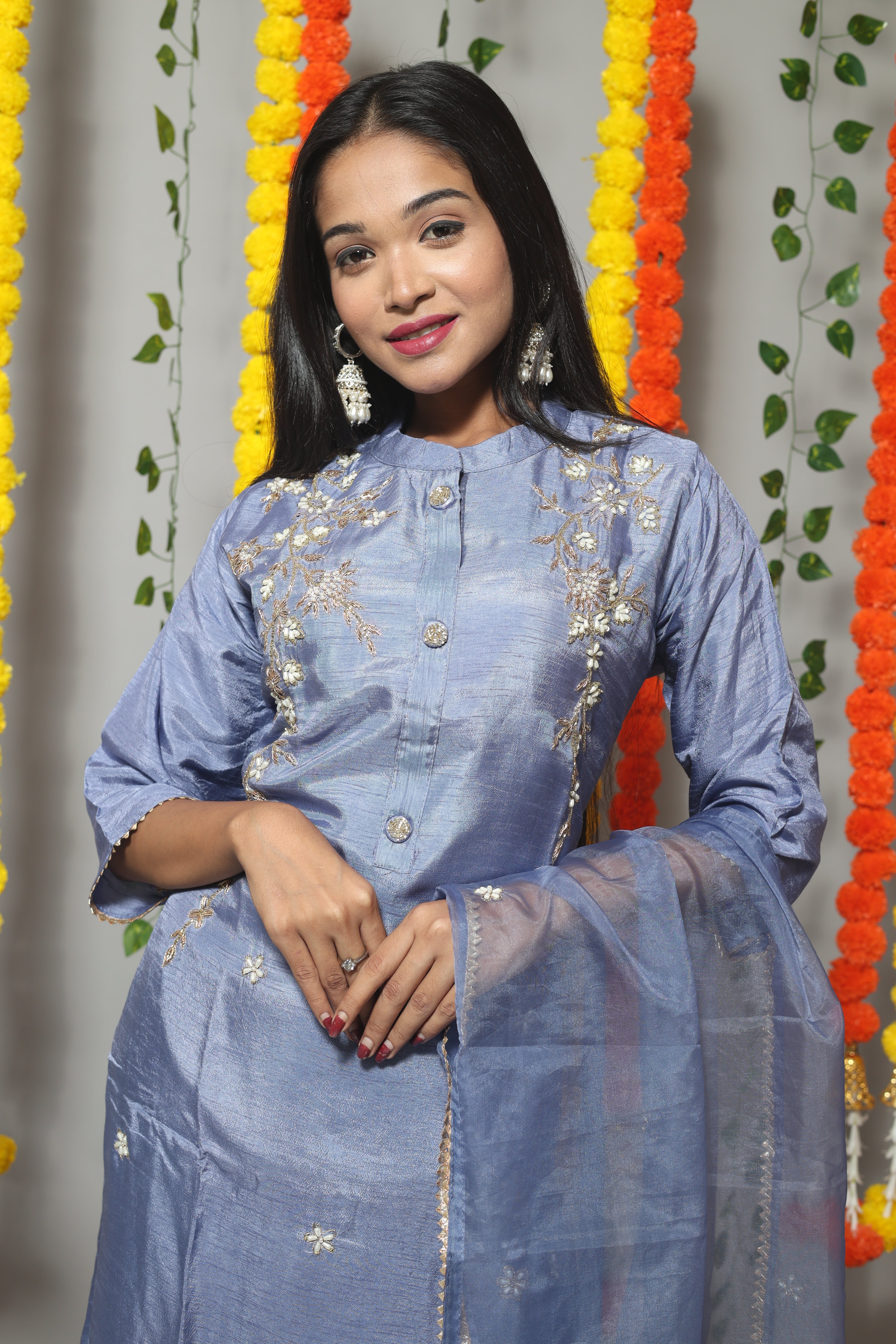 Pastel Blue Handwork Dola Silk Suit Set