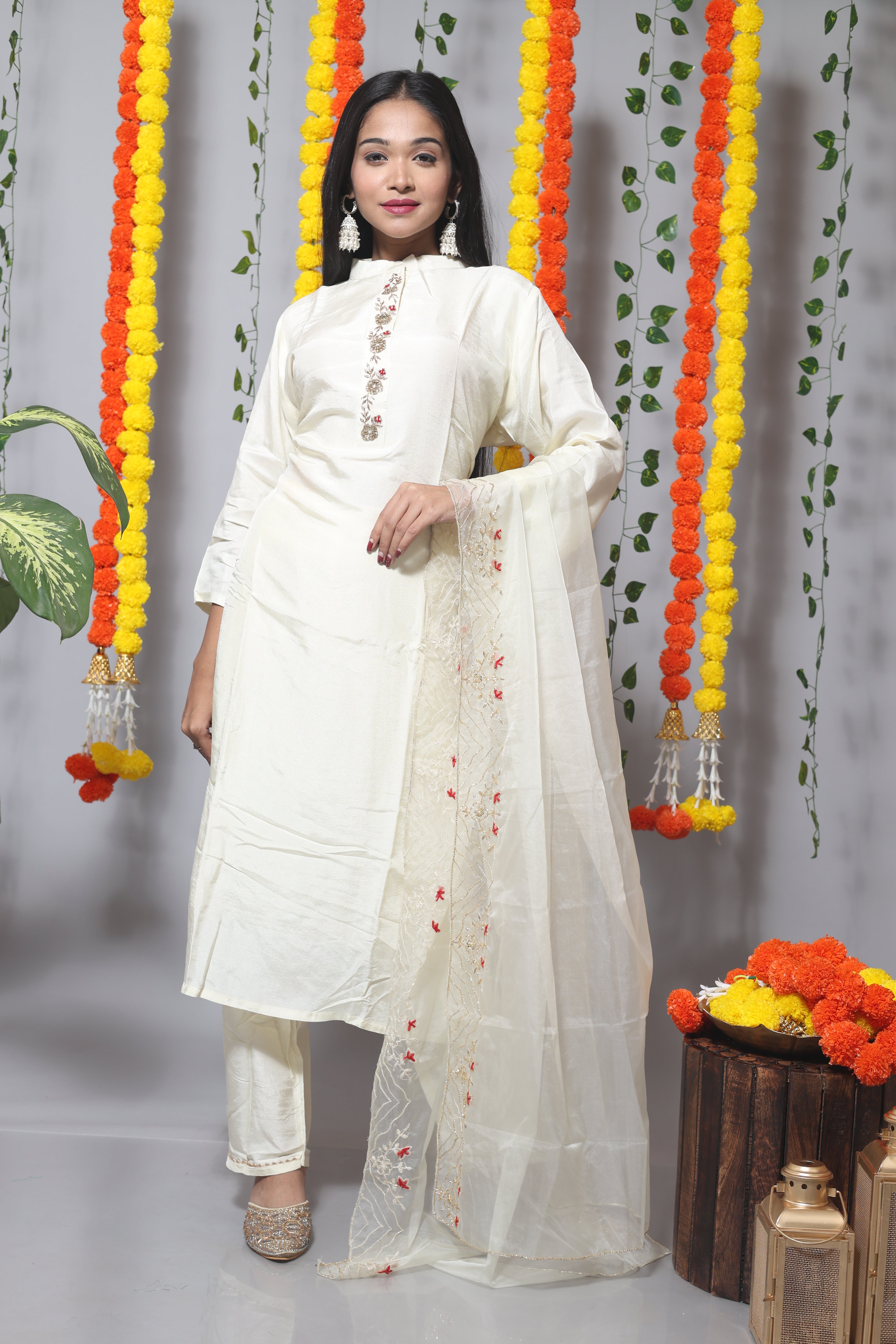 Off White Dola Silk Handwork Suit Set