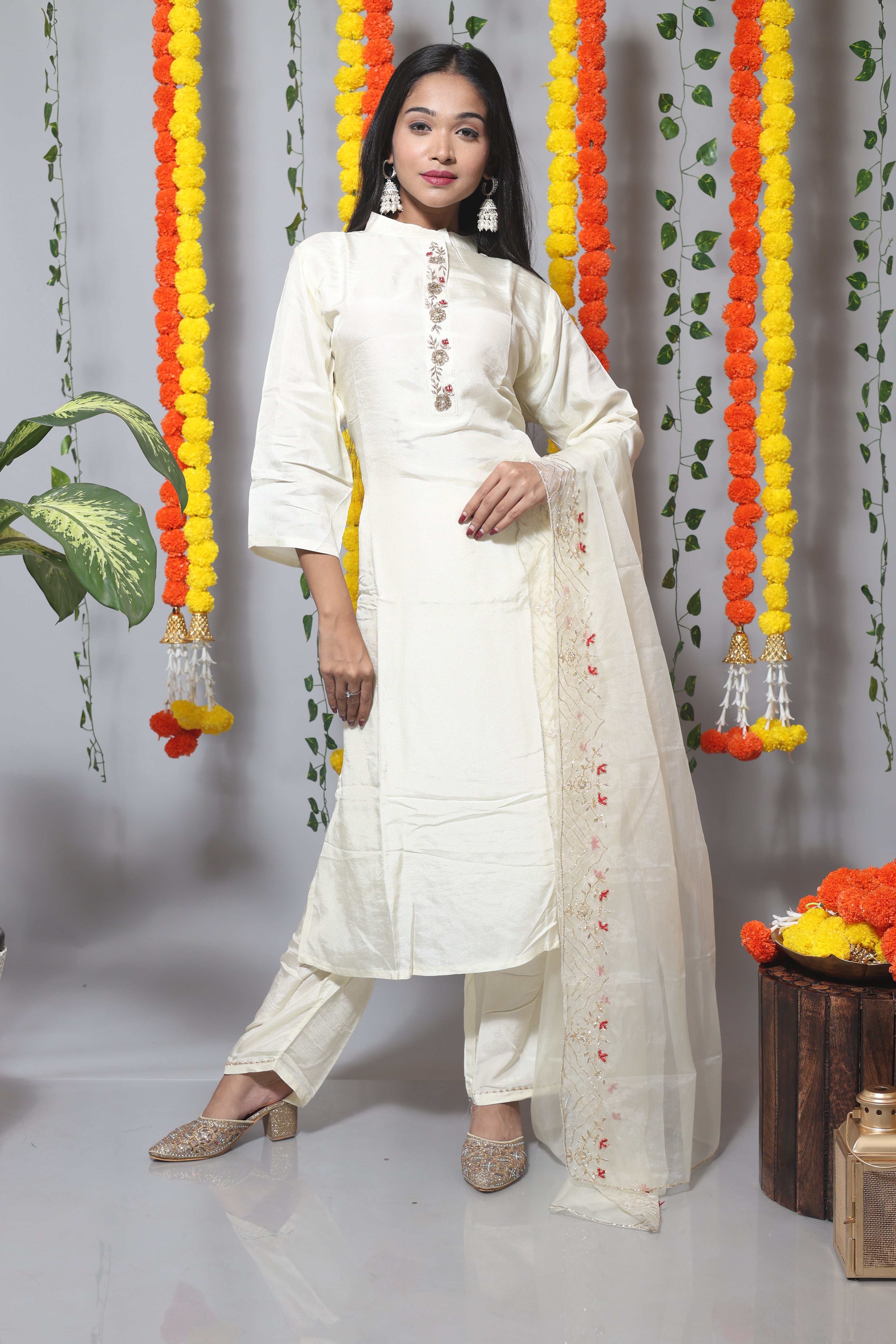 Off White Dola Silk Handwork Suit Set