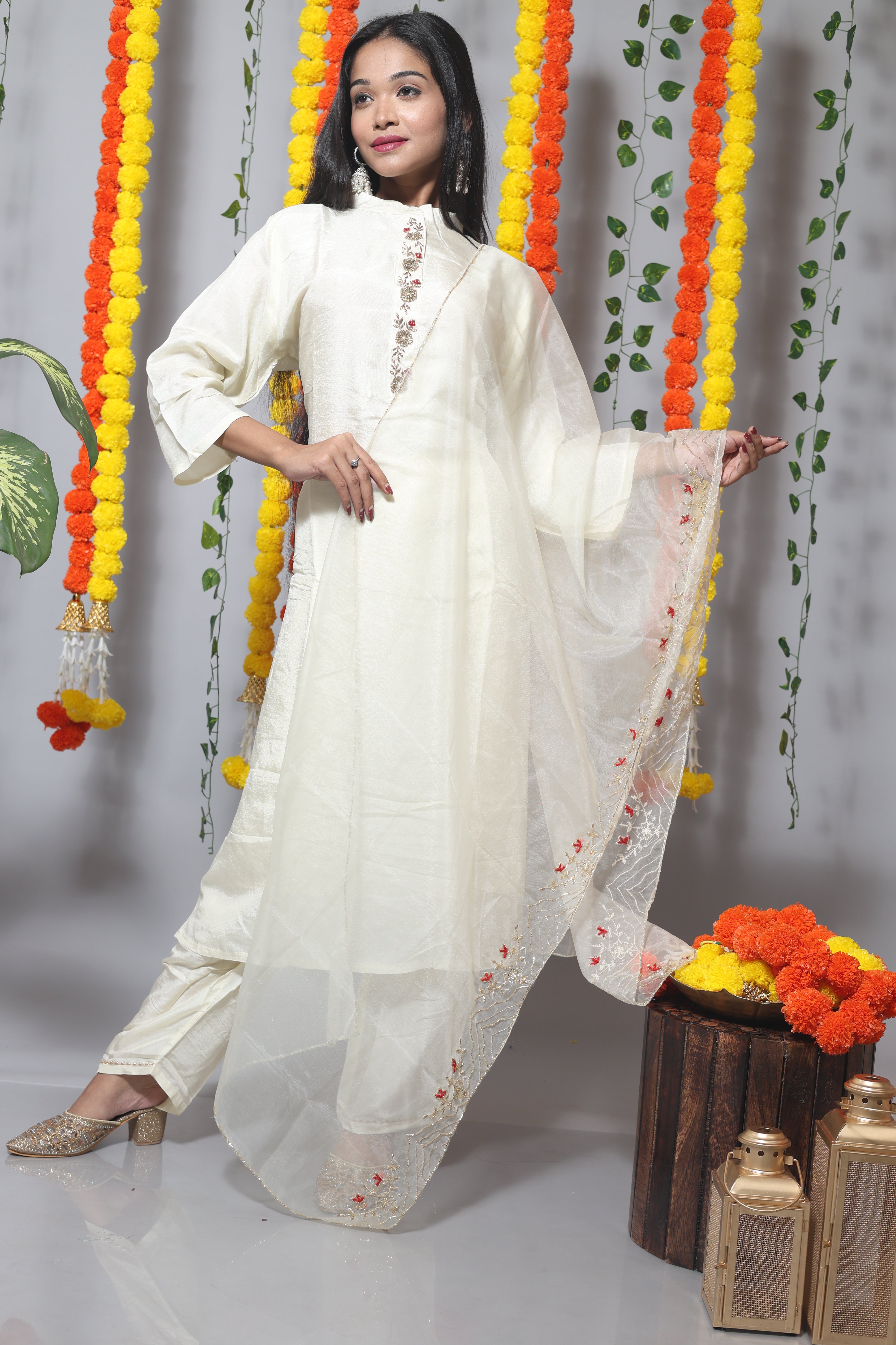 Off White Dola Silk Handwork Suit Set